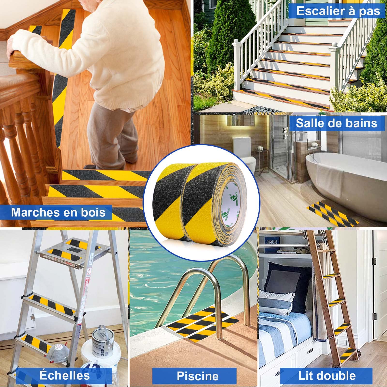 2 Pack Bande Antidérapante Adhésive pour Escaliers, Ruban Adhésif de Sécurité, Ruban Adhésif Antidérapant Jaune Noir, Rubans d'Avertissement, Marquage de Sécurité (5CM x 10M), BOMEI PACK
