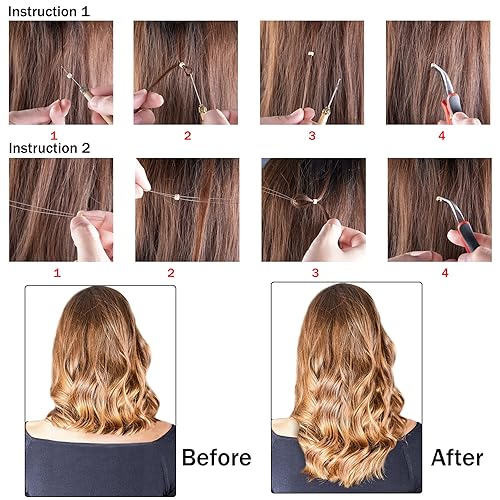Miniatura 7 de Duufin Kit de extensiones de cabello, 500 piezas de cuentas de micro anillo marrón, 1 alicates de microcuentas, 2 ganchos, aguja de tracción, 4