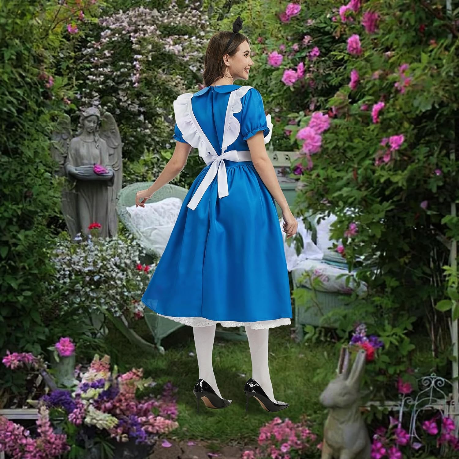 Women Blue Princess Dress Adult Halloween Costume with bow headband and stockings Fairytale Party Costume - Image 5