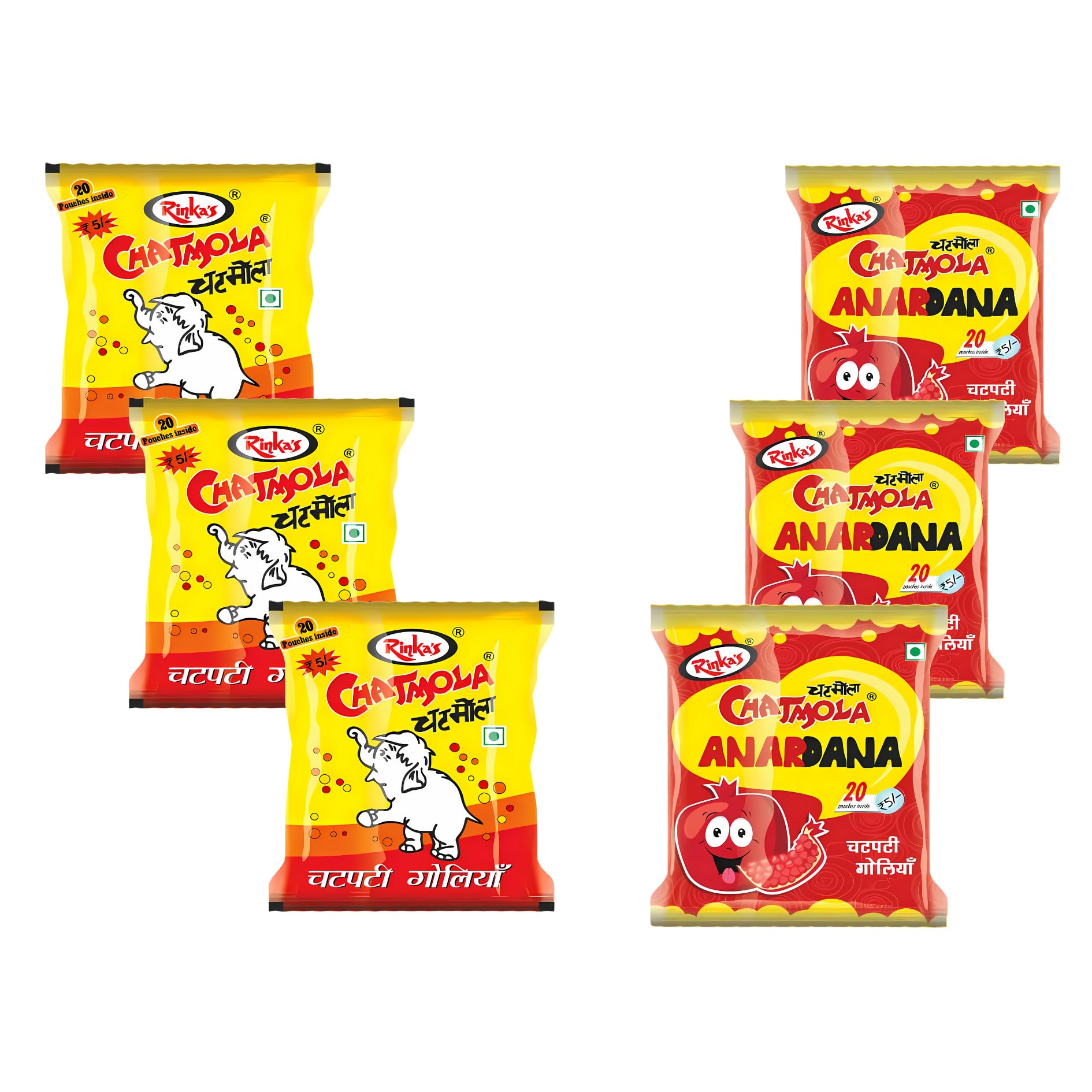 Rinka’s Chatmola and Anardana Packet - 20 sachets in each Pouch | Chatmola Goli | Chatpati Goli | Chatmola Candy | Khatti Mitti Goli | Chamola Goli Packet | Anardana Candy | Freshener, Digestive,After-Meal | Anardana Churan Goli Pachak, Pomegranate Candy |