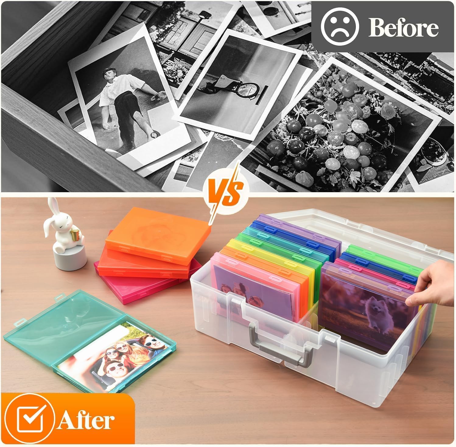 VITEVER Fotoaufbewahrungsbox 5x7, 18 Innenfächer, extra großer Organizer, Aufbewahrungsbox für Fotos, Kunststoff-Aufbewahrungsbox für Aufkleber, Stempel, Samen (Color)