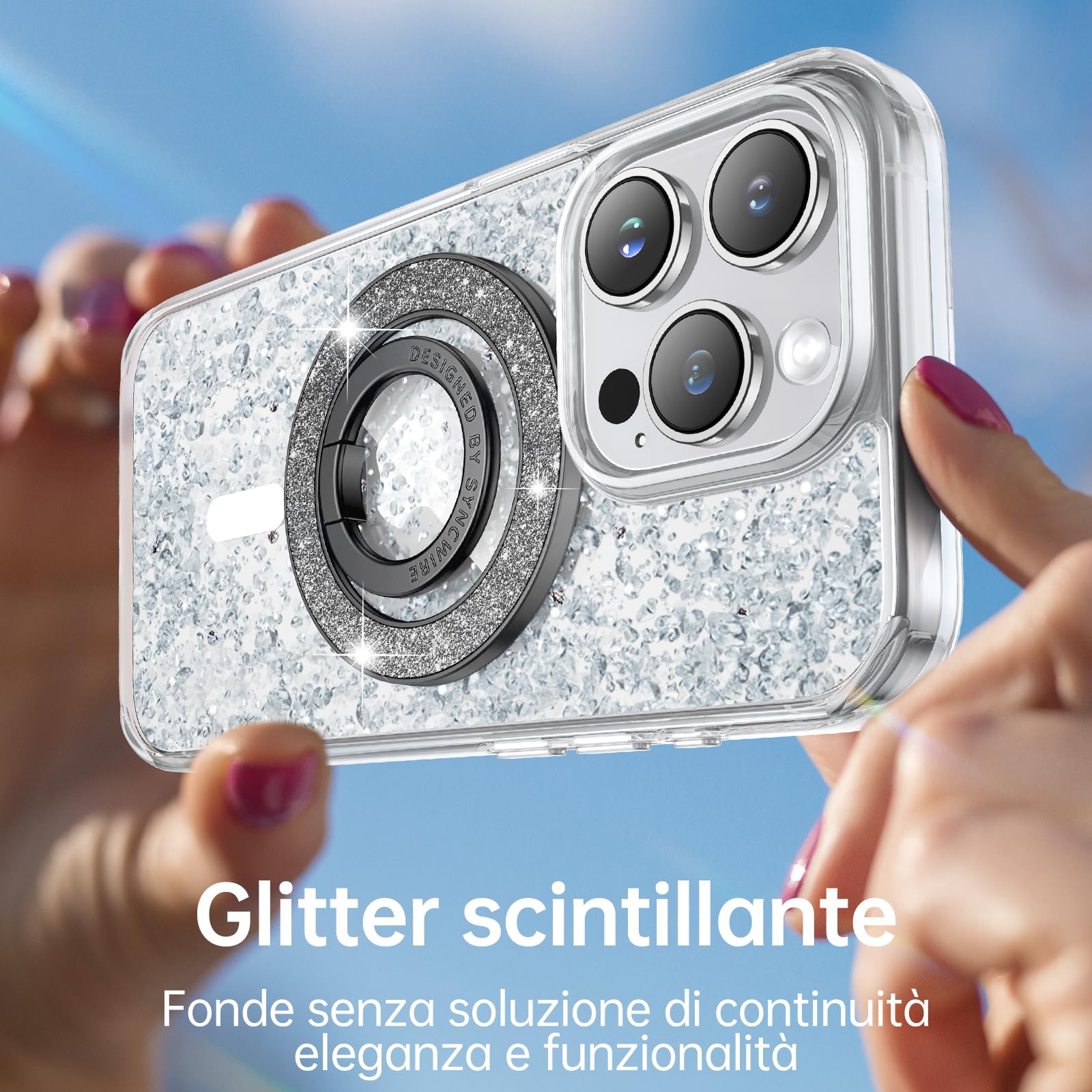 Syncwire magnetico supporto per anello del 360 ° Rotazione telefono anello magsafe compatibile con iPhone16/15/14/13 Altri Smartphone, luccichio supporto regolabile, presa confortevole- Diamante nero