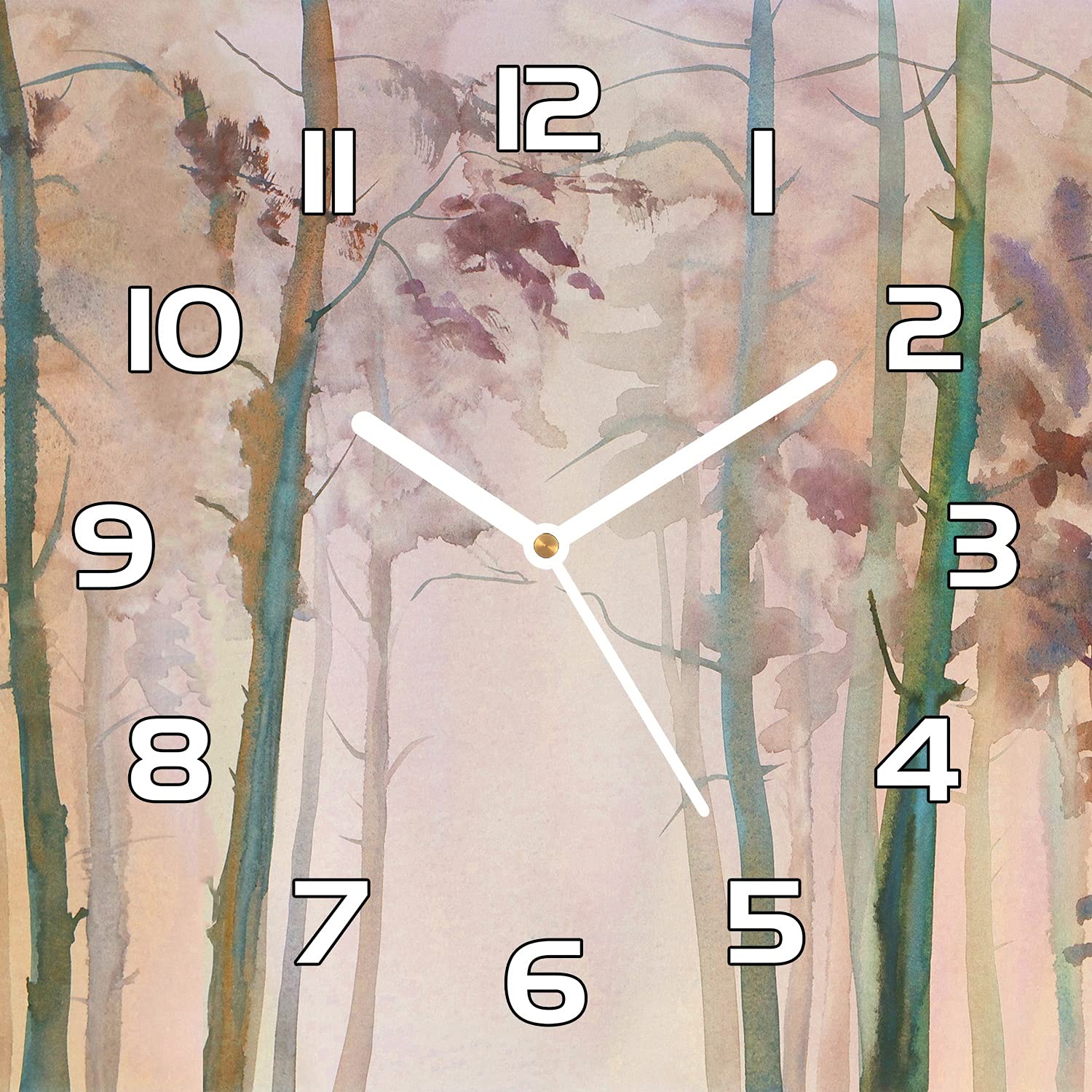 Horloge murale en verre forêt d'automne lisible avec aiguilles noires pour salon et cuisine