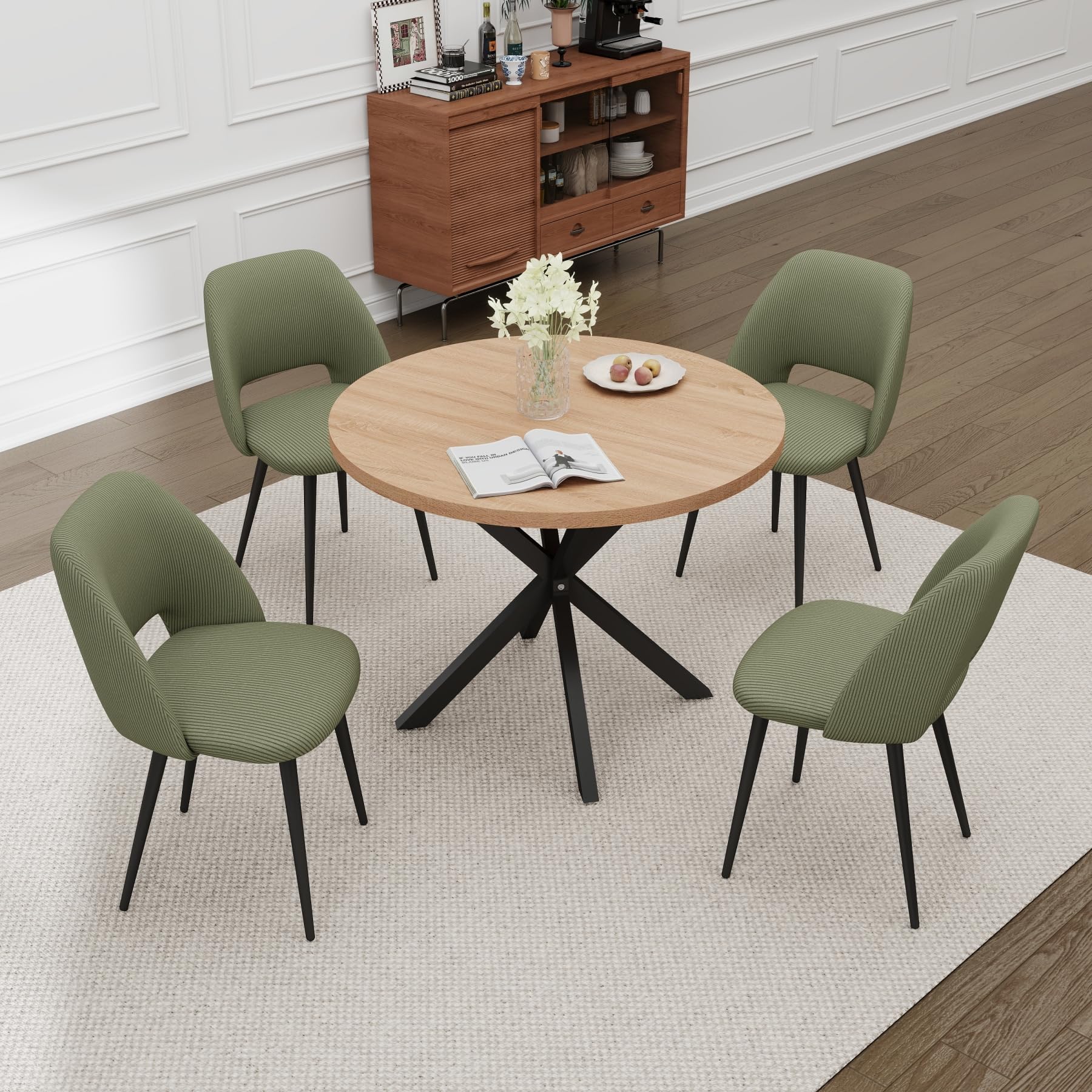 GrandCA HOME Set Tavolo e Sedie da Pranzo,Tavolo Rotondo Moderno da 100 Cm,4 Sedia da Pranzo In Velluto a Coste Traforato,adatto Per Cucina, Soggiorno, Caffetteria(Legno Chiaro + Verde)