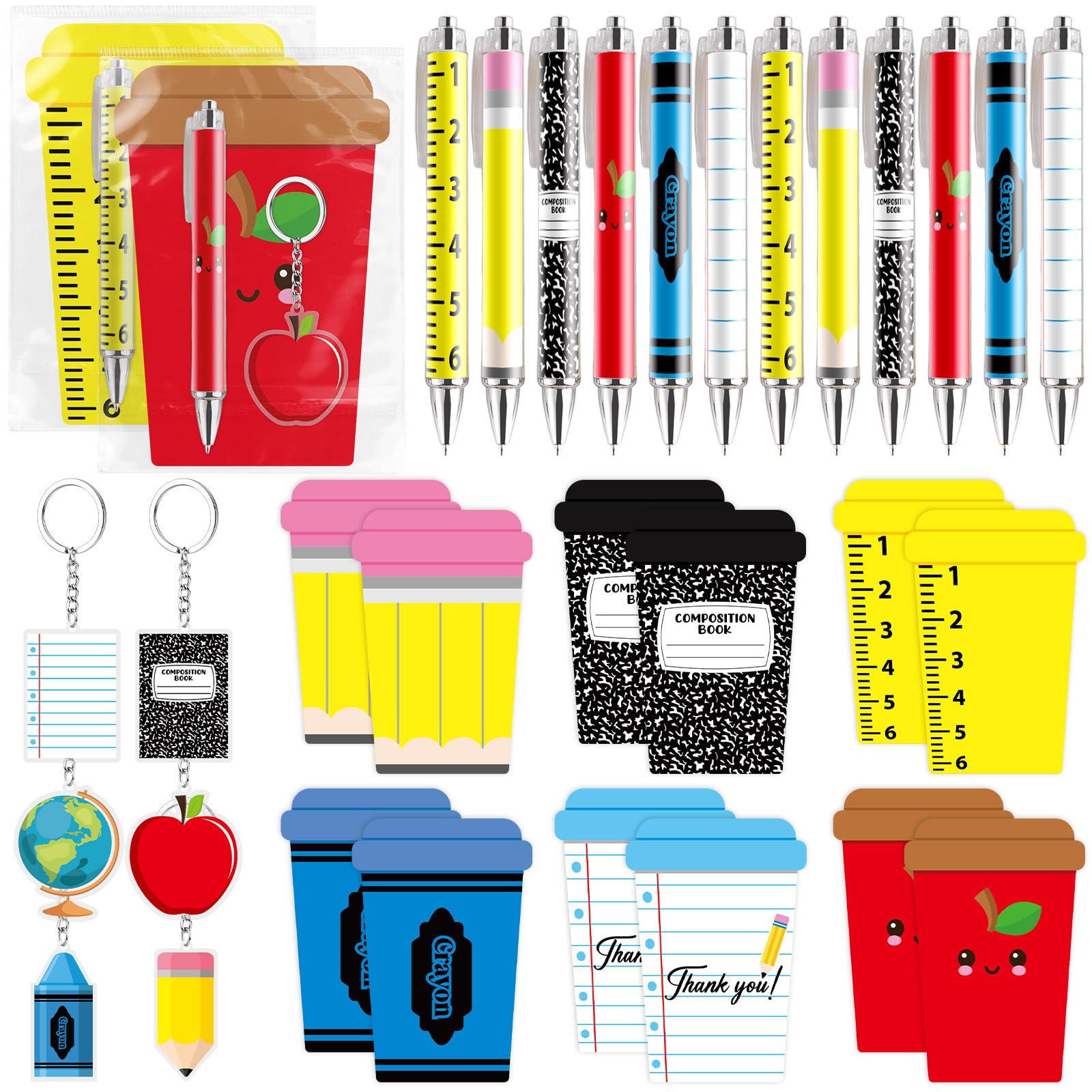 72 Stück Lehrer-Wertschätzungswoche Geschenk-Bulks Kompositions-Notizbuch, Dankeschön-Lehrer-Kugelschreiber, motivierende Schlüsselanhänger, Karten für Wertschätzungswoche, Lehrer, Team