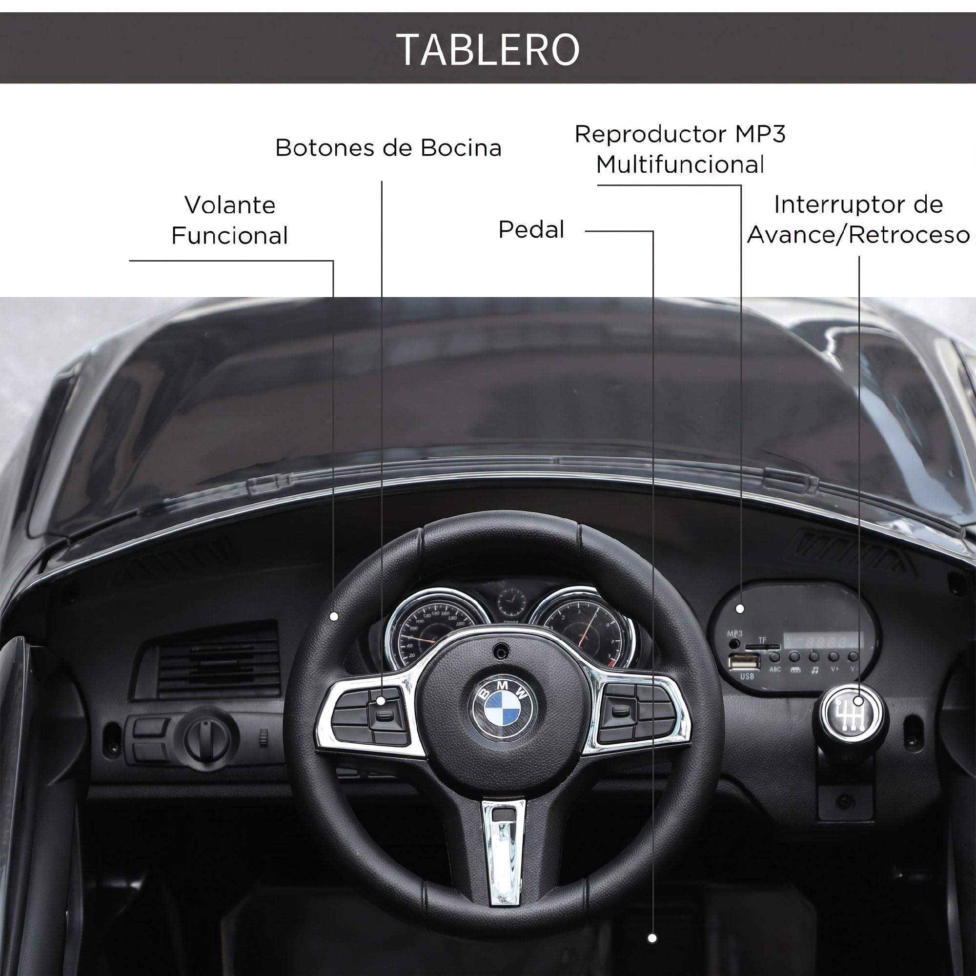 HOMCOM Coche Eléctrico BMW 6GT para Niños +3 Años Automóvil Infantil de Batería 6V con Control Remoto Luces y Sonidos MP3 USB Carga 30 kg 106x64x51 cm Negro