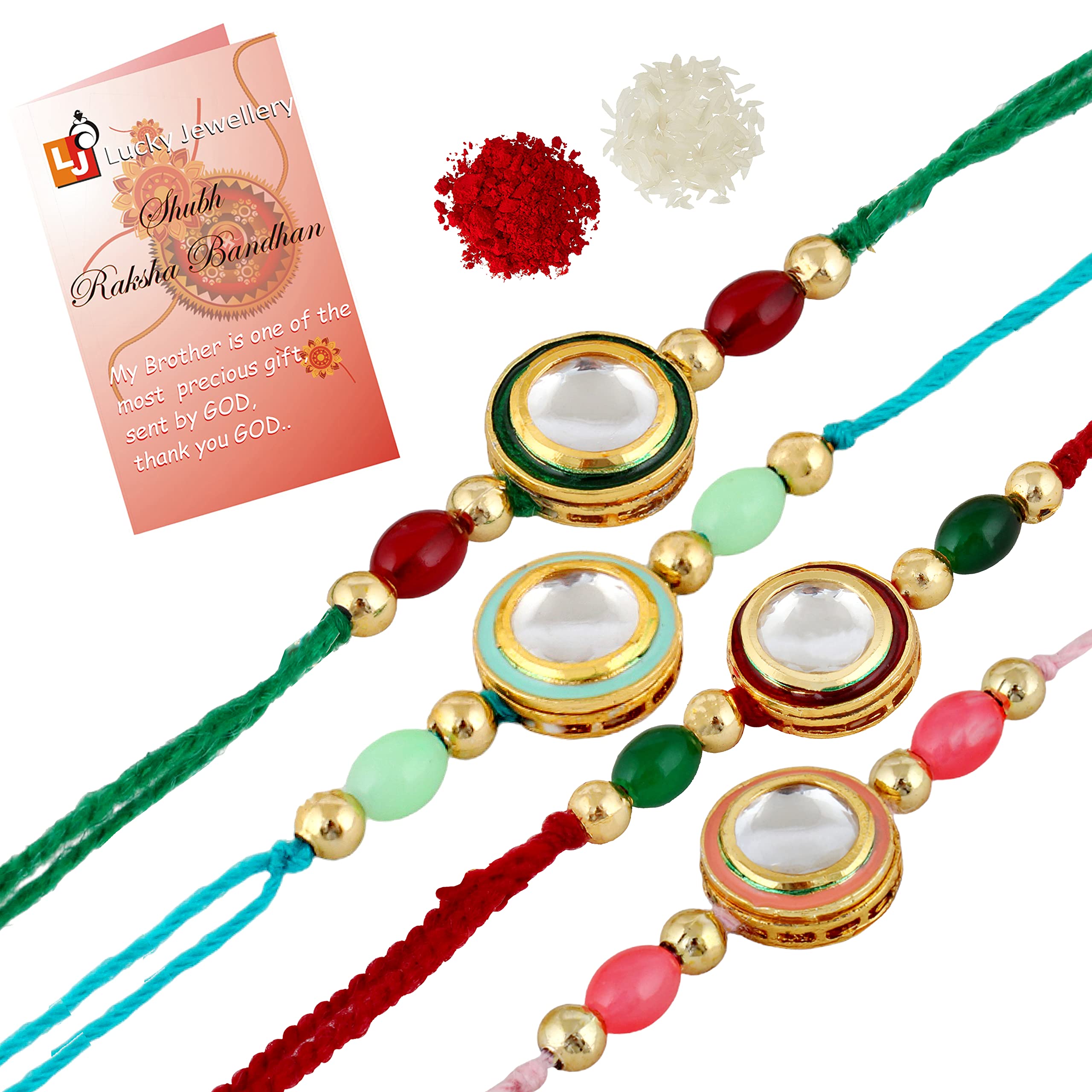 Lucky Jewellery Designer Fancy Traditional Rakhi Set for Men Veera Slogan Peacock Design Red Thread Rakhi Combo for Brother/Bhaiya/Bhabhi (Pack of 4) Rakshabandan Multicolor Rakhee Rakshasutra (B07V86HHHZ) Amazon Price History, Amazon Price Tracker
