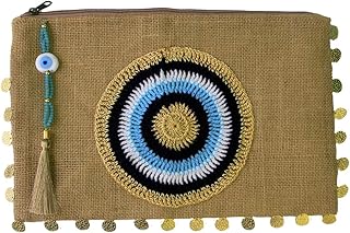 Karens Line Mia Evil Eye Eco Friendly Jute Handheld Clutch Purse Large Space with Zipper Closure&Crystal Decoration Natural Beige