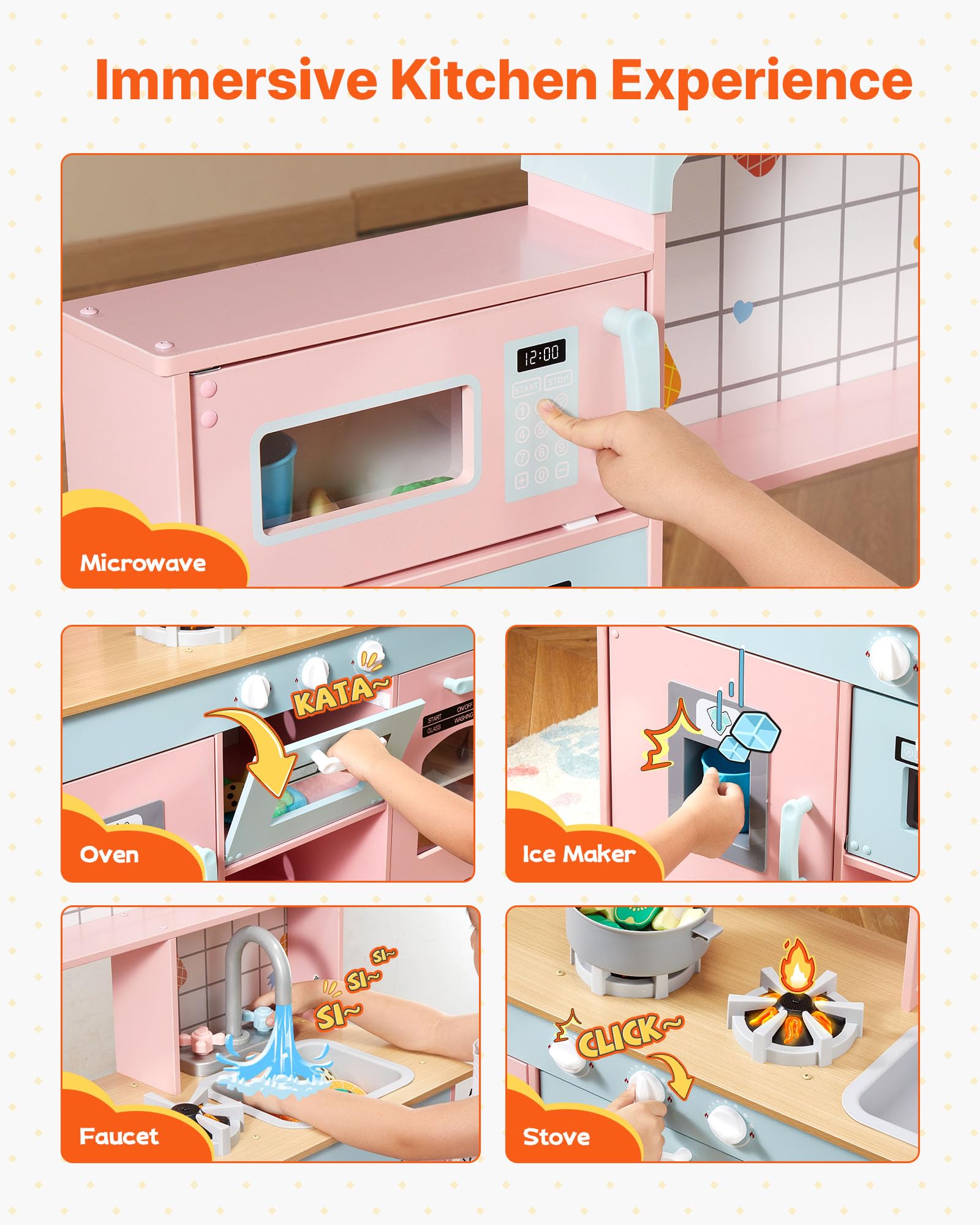 VEVOR Giocattolo Cucina per Bambini, Set Giocattolo da Cucina per Bambini in Legno con Luci Suoni Macchina per Ghiaccio Forno Lavello Microonde Frigorifero Utensili, Giocattolo Cucina, 24 pz, Rosa