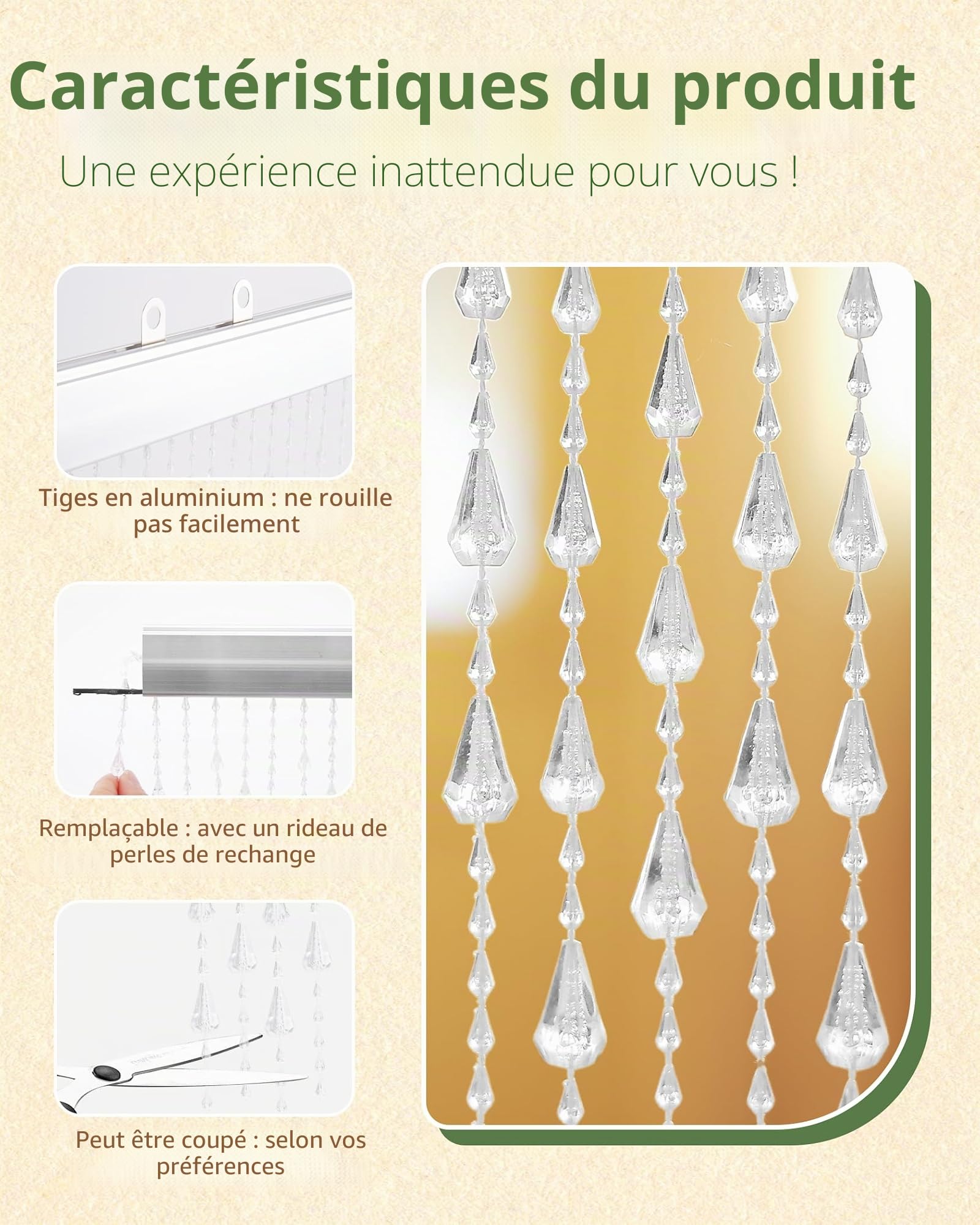 90 x 200 cm Rideau à Perles Transparent, 60 brins avec Perles en Plastique - Idéal comme moustiquaire et décoration pour Porte de Balcon, Chambre(Style Marées)