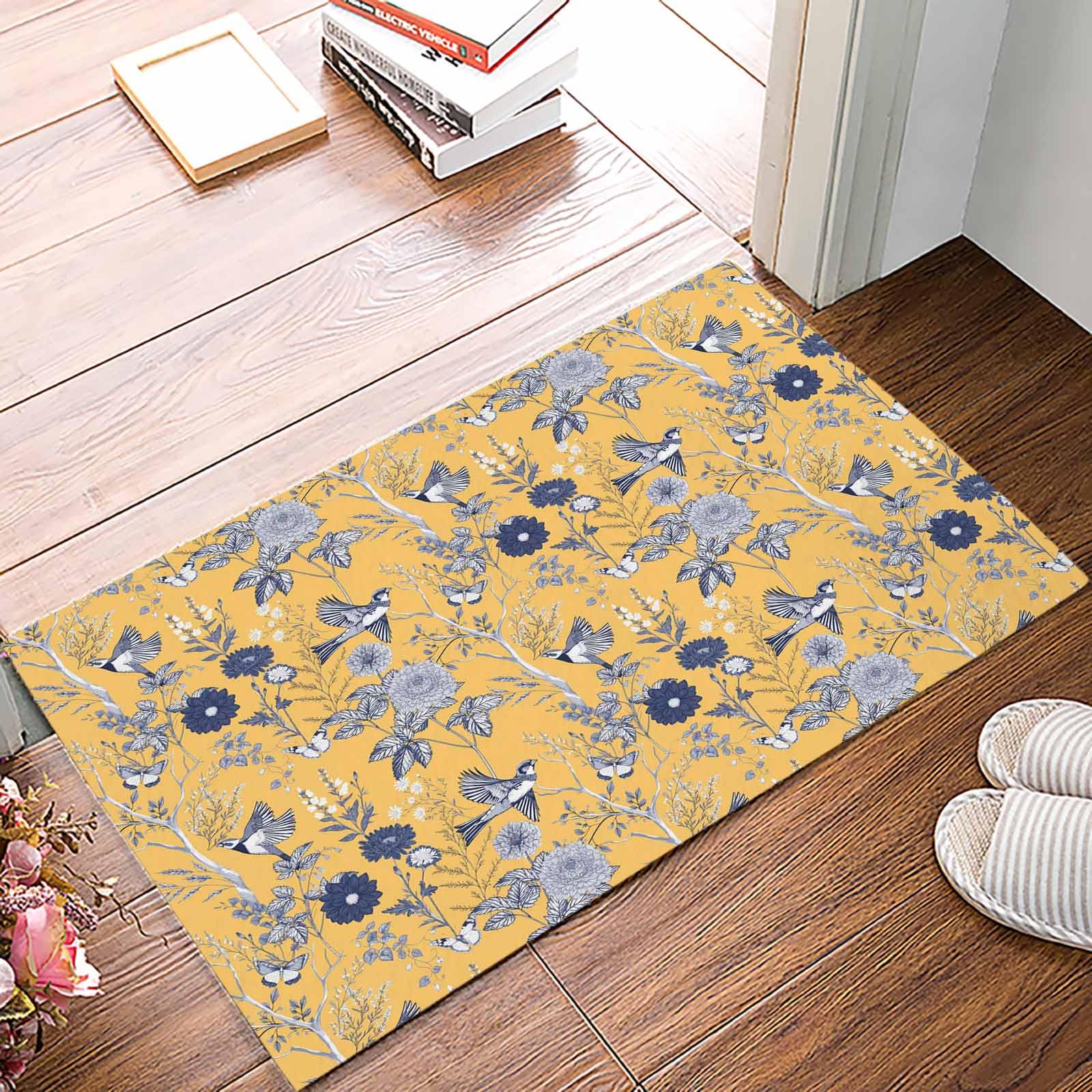Wowouhiya Yellow Blue Botanical Door Mat, Non Slip Bathroom Rugs, Vintage Birds Spring Floral Pastoral Absorbent Floor Mats, Washable Runner Rug