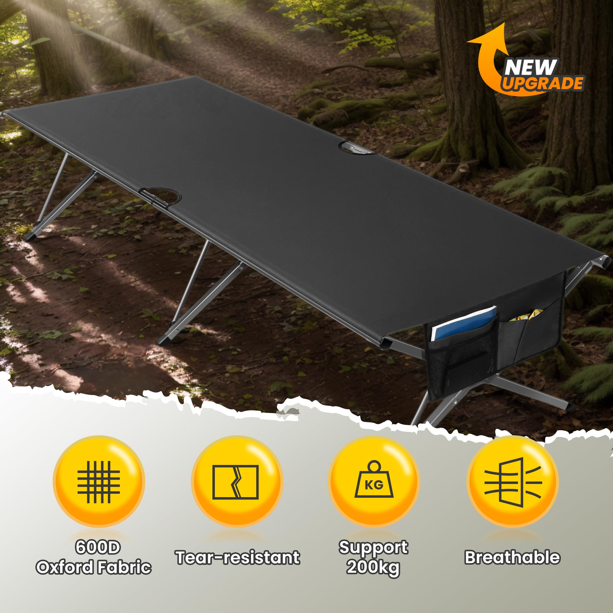 Join Nature Łóżko polowe składane 210 x 80 x 60 cm, szerokość 200 kg, stabilne, przenośne łóżko polowe z kieszenią boczną, na kemping, do ogrodu, w podróż, do użytku na zewnątrz i wewnątrz (czarne)