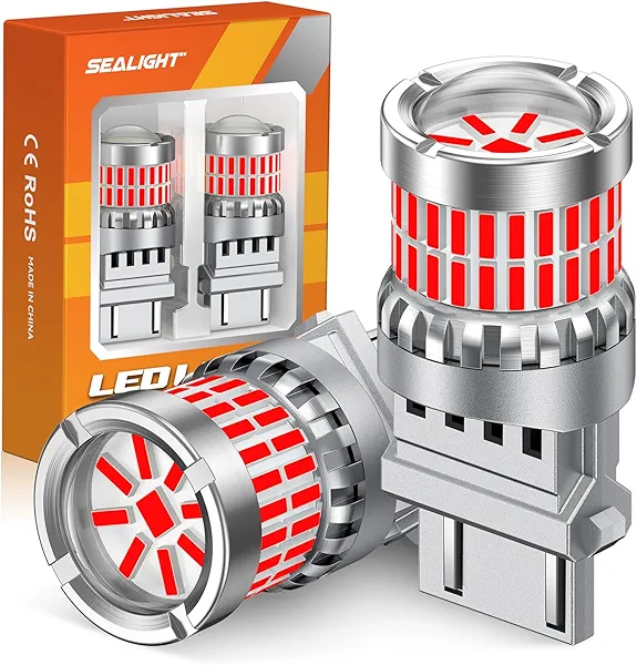 SEALIGHT Brake Light Bulbs 3157 LED Bulb Red, 700% Brighter 3156 3057 4157 4114 LED Bulb 57-SMD LED Chipset with Projector Len for Blinker Brake Light, Tail Light, Stop Parking Lights, Pack of 2