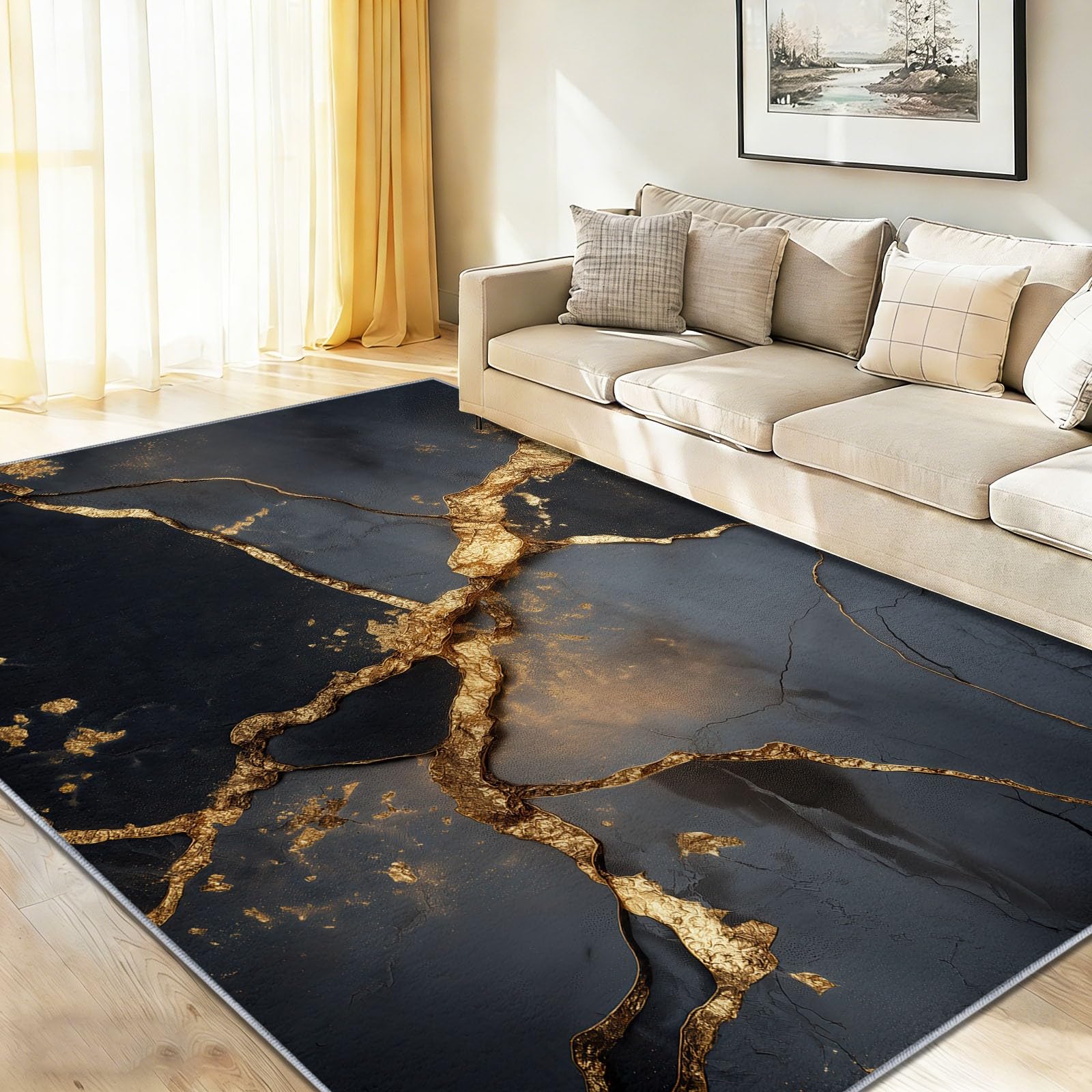 Tapis marbre 60x120 cm lavable et antidérapant noir et gris pour chambre