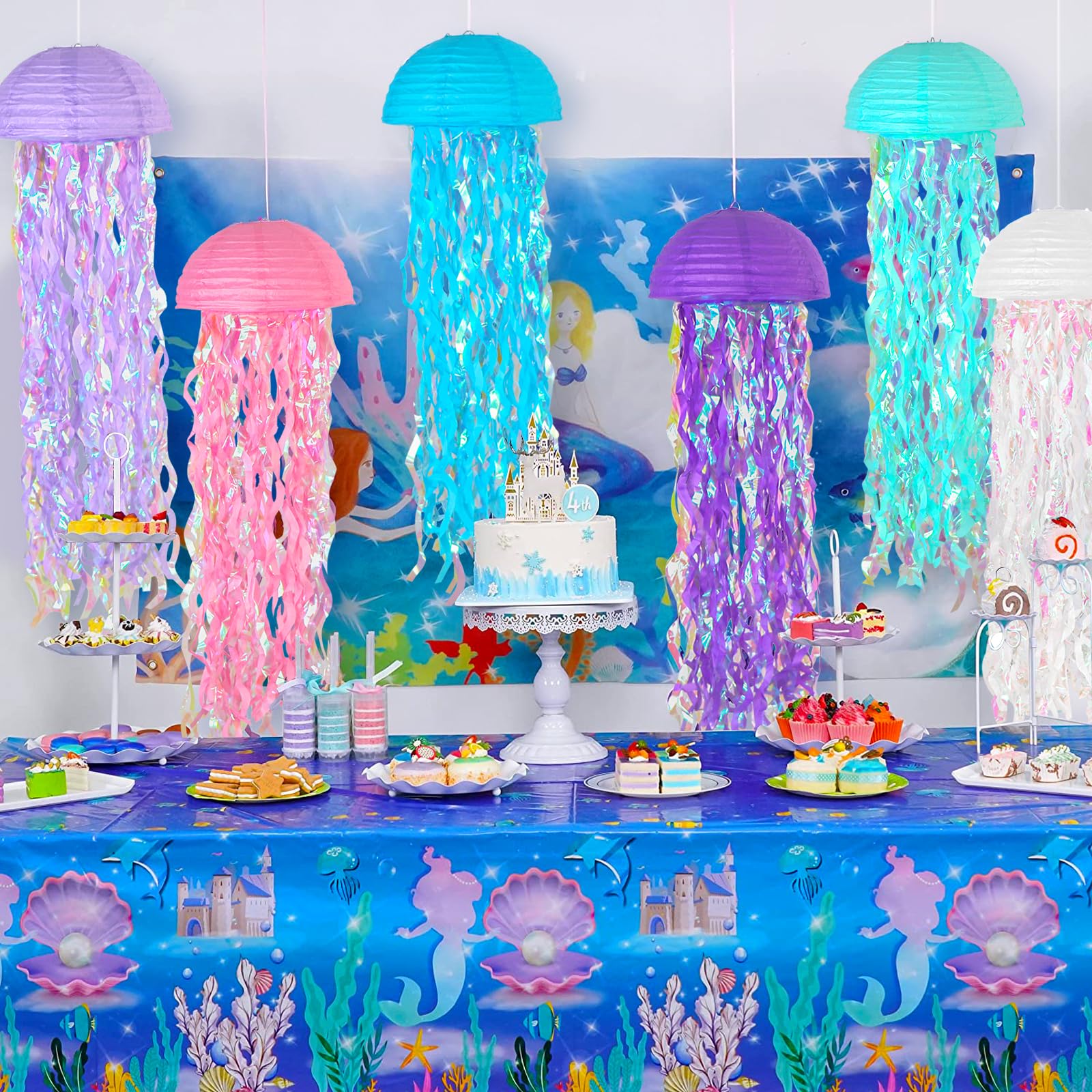 6-Pack Jellyfish Paper Lanterns - Hanging Mermaid Ocean Theme Party Decorations, 10 Inch Diameter, Pink Purple White Blue - View #12
