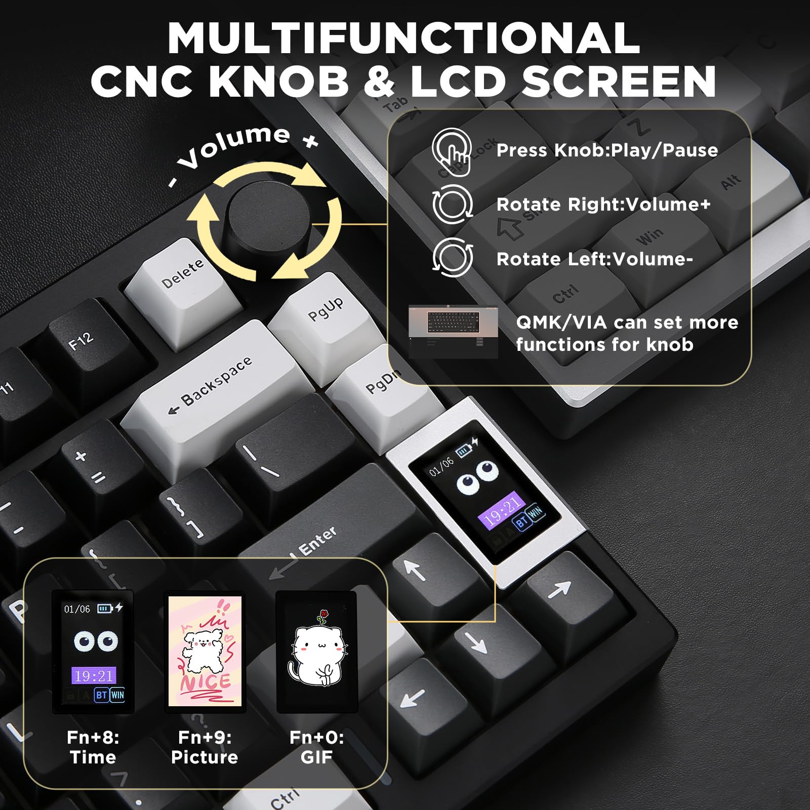 YUNZII AL80 Tastiera Meccanica Wireless,CNC Completamente in Alluminio,Display LCD Intelligente,Montaggio a Caldo Della Guarnizione 75%,BT/2.4G/USB-C,Supporto QMK/VIA (nero, cocoa cream v2)