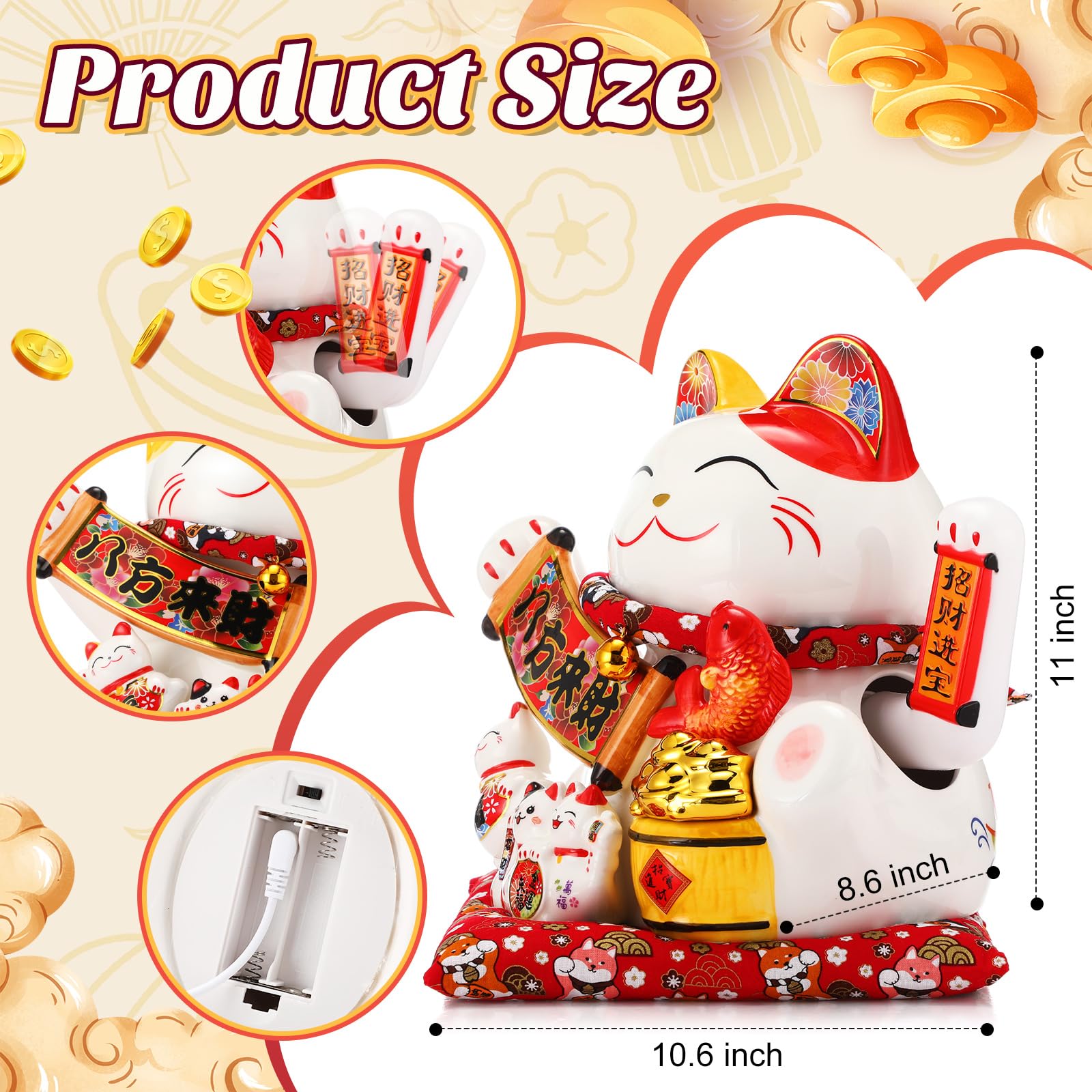 Wesiti 38 cm chiński szczęśliwy kot macha ramię duże ceramiczne maneki neko Feng Shui pieniądze fortuna kot prezent dekoracje do sklepów, restauracji, salonu, bogactwo ze wszystkich kierunków, bateria