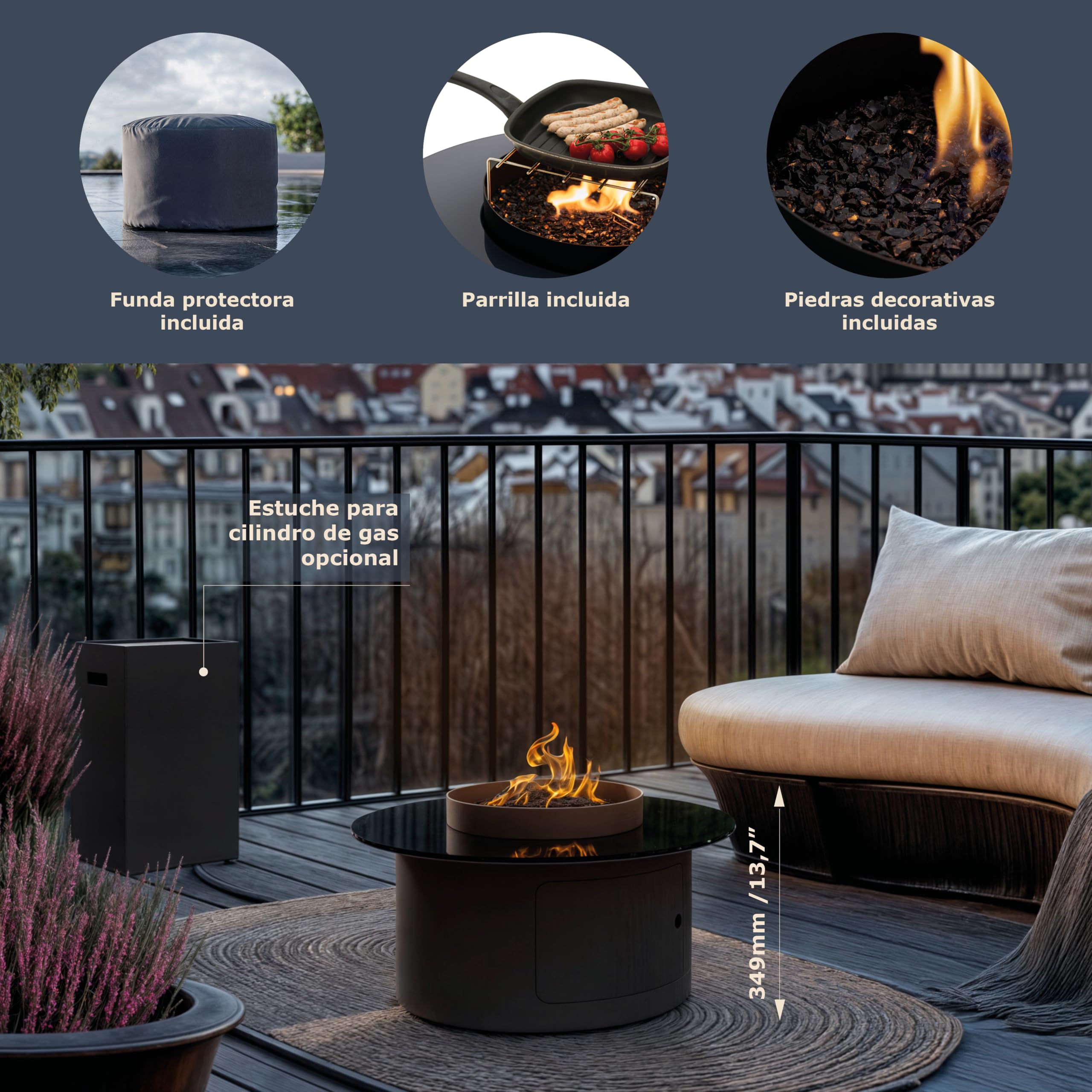 Planika Dot Mesa de Café 2 en 1 con Hoguera a Gas - Mesa de Café para Balcón y Patio, Chimenea Exterior, Mesa de Jardín, Mesa Auxiliar, Calefactor para Exterior, Patio y Balcón.