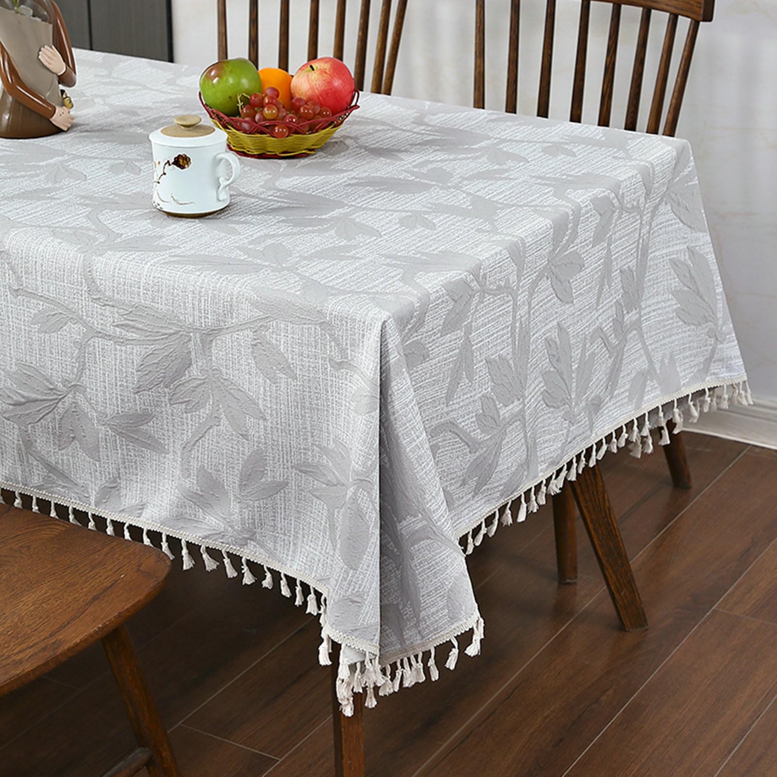 Nappe Jacquard Feuille Bleu Grisen Tissu Epaisse 140x300CM