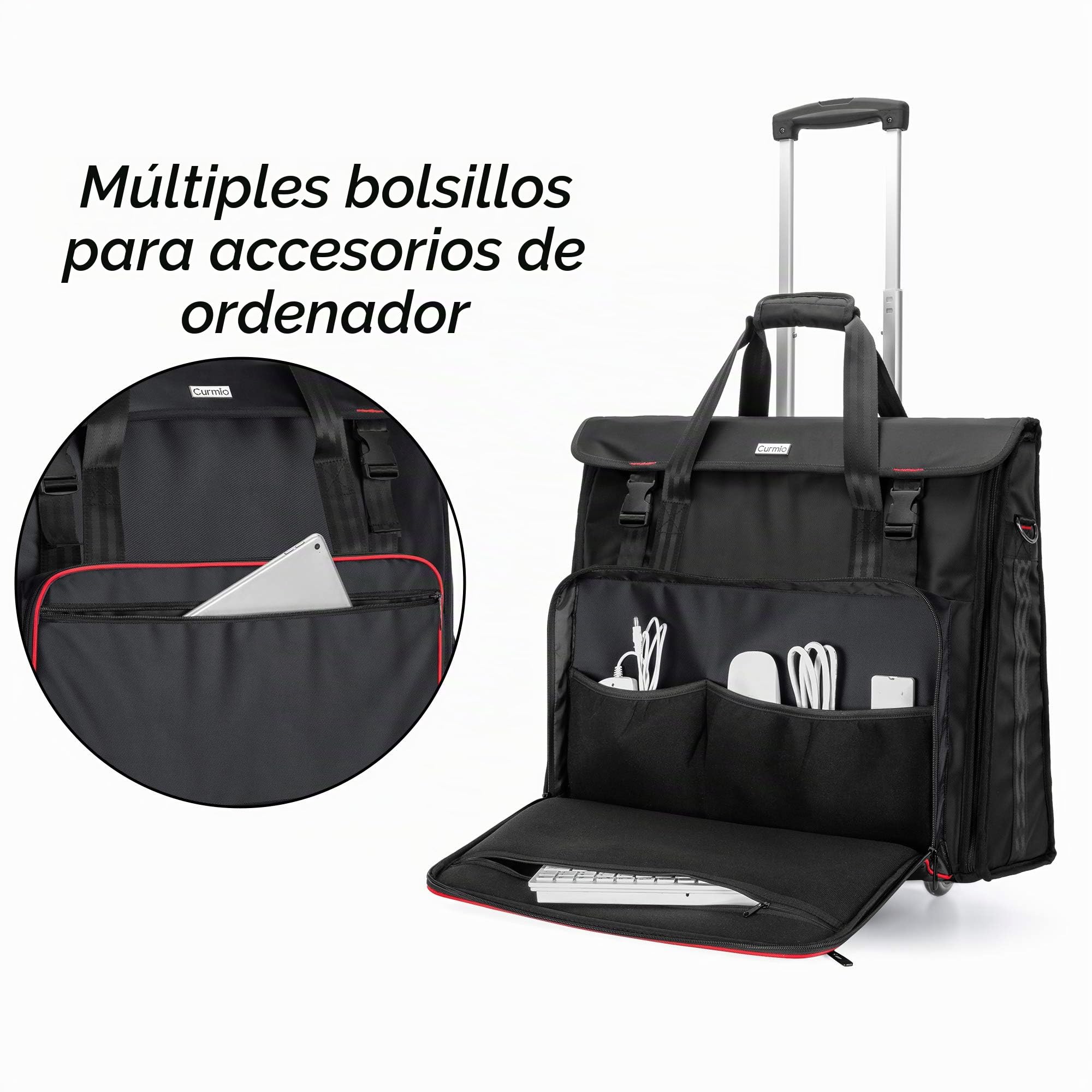 CURMIO Bolsa de Viaje Compatible con Apple iMac 21.5" con Carro, Negro | Bolsa Trolley iMac, Grueso Acolchado, Bolsillo para Accesorios, Correa de Hombro Desmontable, Vacía