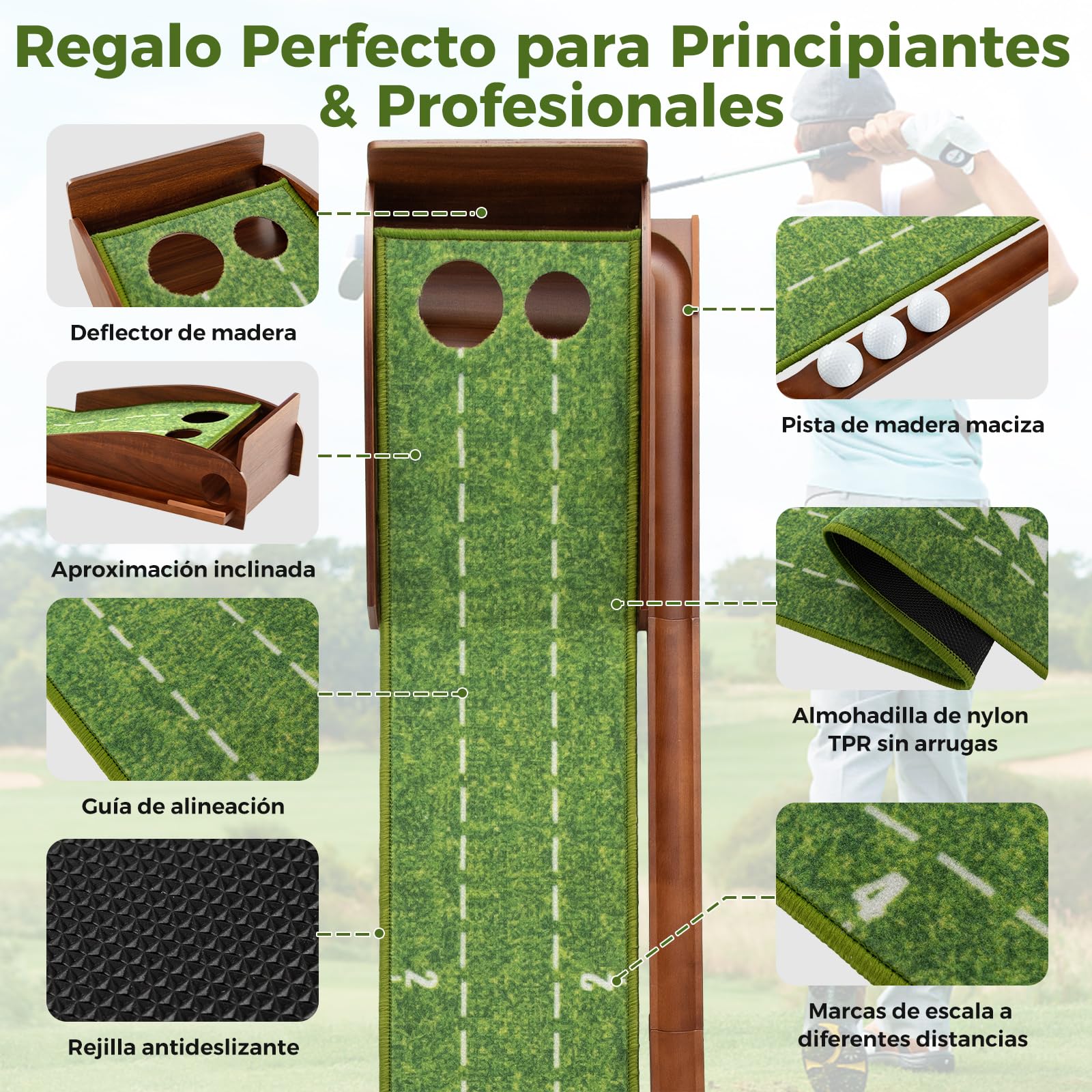 COSTWAY Mini Golf, Alfombra de Putting de Entrenamiento de Golf Interior y Exteriores, 1/2/3 Tamaños De Orificios, Retorno automático de la Bola, 3 Pelotas, Cesped de Minigolf (2 Orificio)