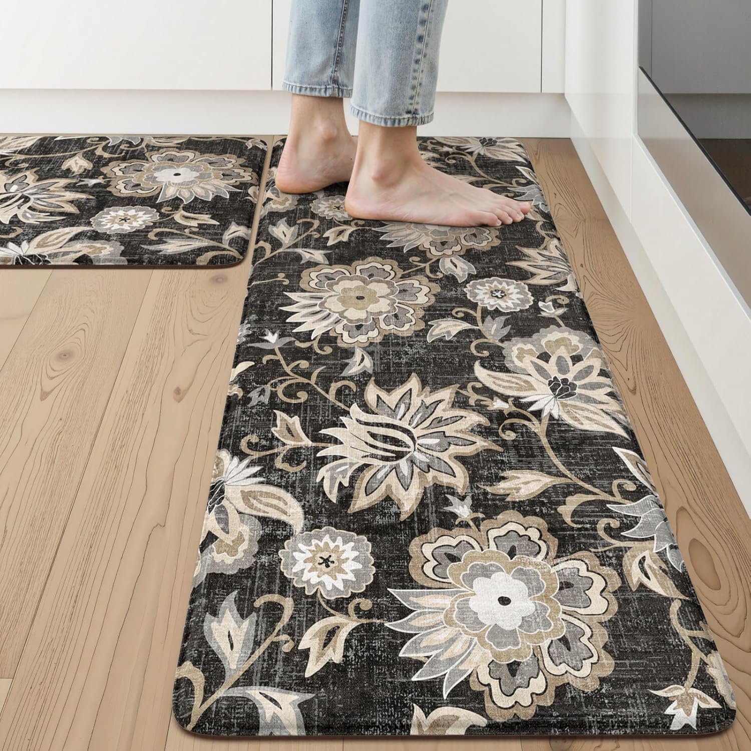 LEEVAN Anti Fatigue Mats for Kitchen Floor 2 Piece,Cushioned Memory Foam Black Kitchen Mats for Floor,Comfort Floral Boho Non Slip Kitchen Floor Mat for Sink,Laundry,Office(17''x29''+17''x47'')