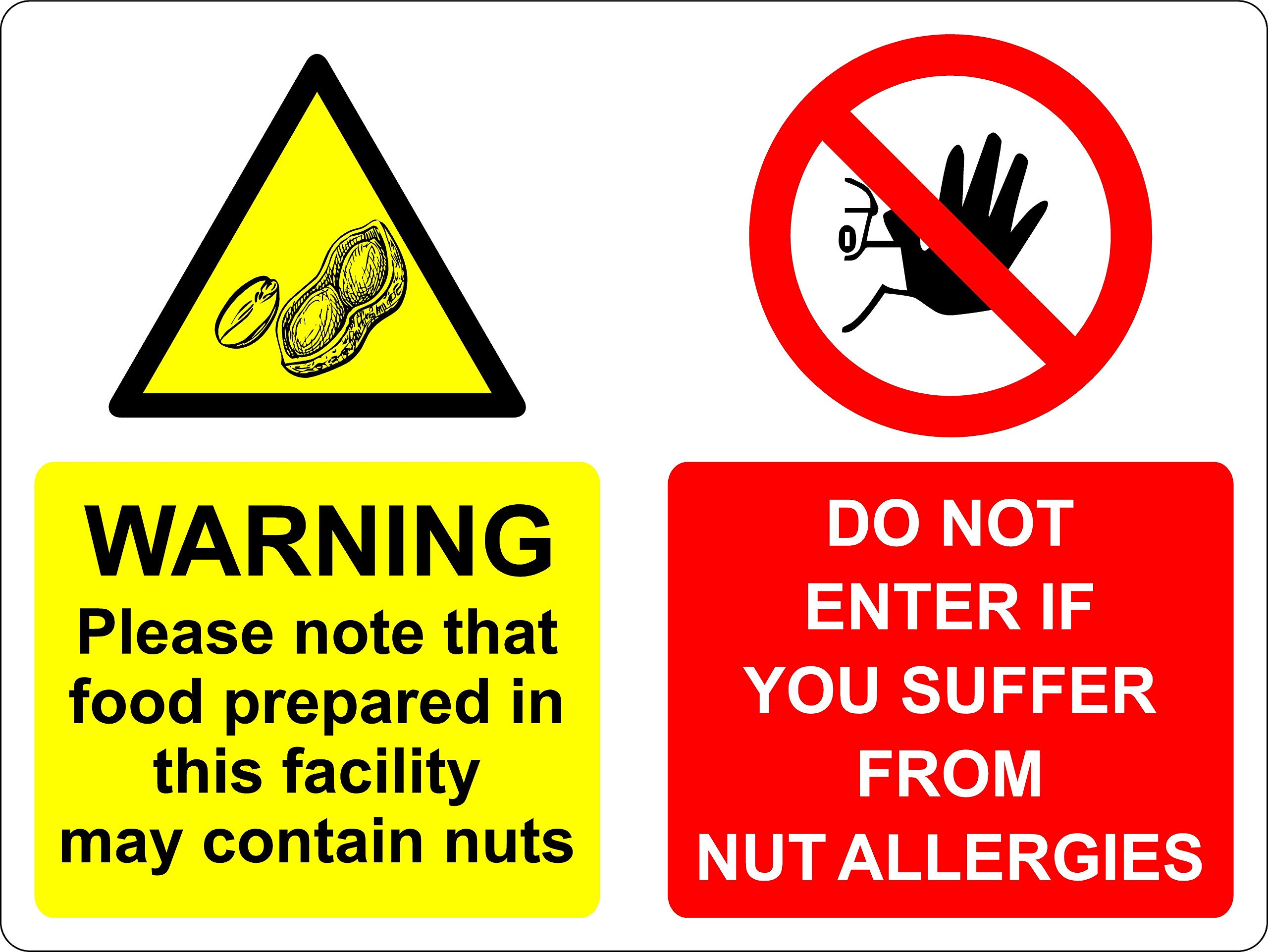 Warning please note that food prepared in this facility may contain nuts do not enter if you suffer from food allergies food Safety sign - Self adhesive sticker 200mm x 150mm