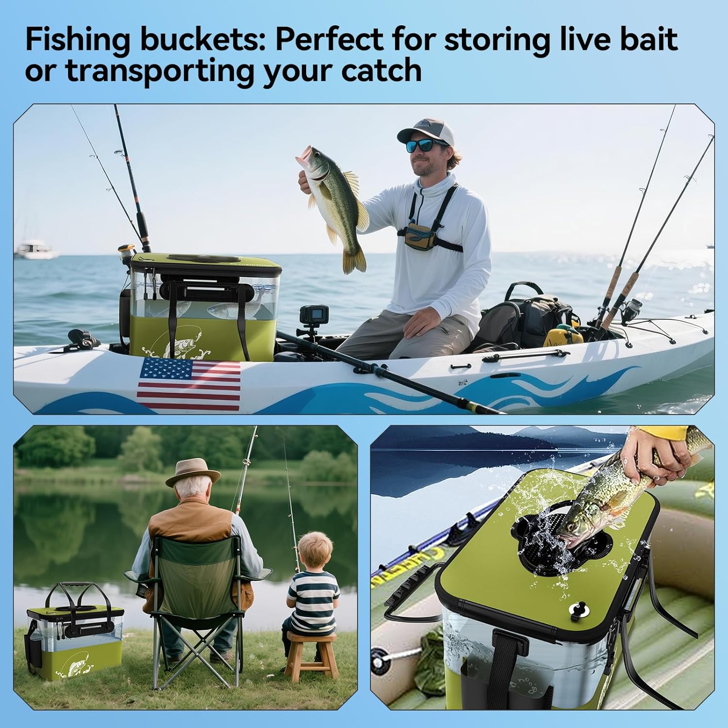 Fishing Bucket Foldable， 6Gallon/8Gallon/10Gallon,Live Fish Container Multi-Functional Live Fish Bait Bucket,for Fishing, Camping, Moving
