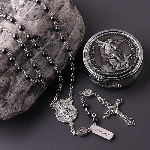 Miniatura 7 de HanlinCC Collar de rosario de cuentas de piedra negra de hematita de San Miguel Arcángel con caja de regalo de metal para hombre Hematita No es una