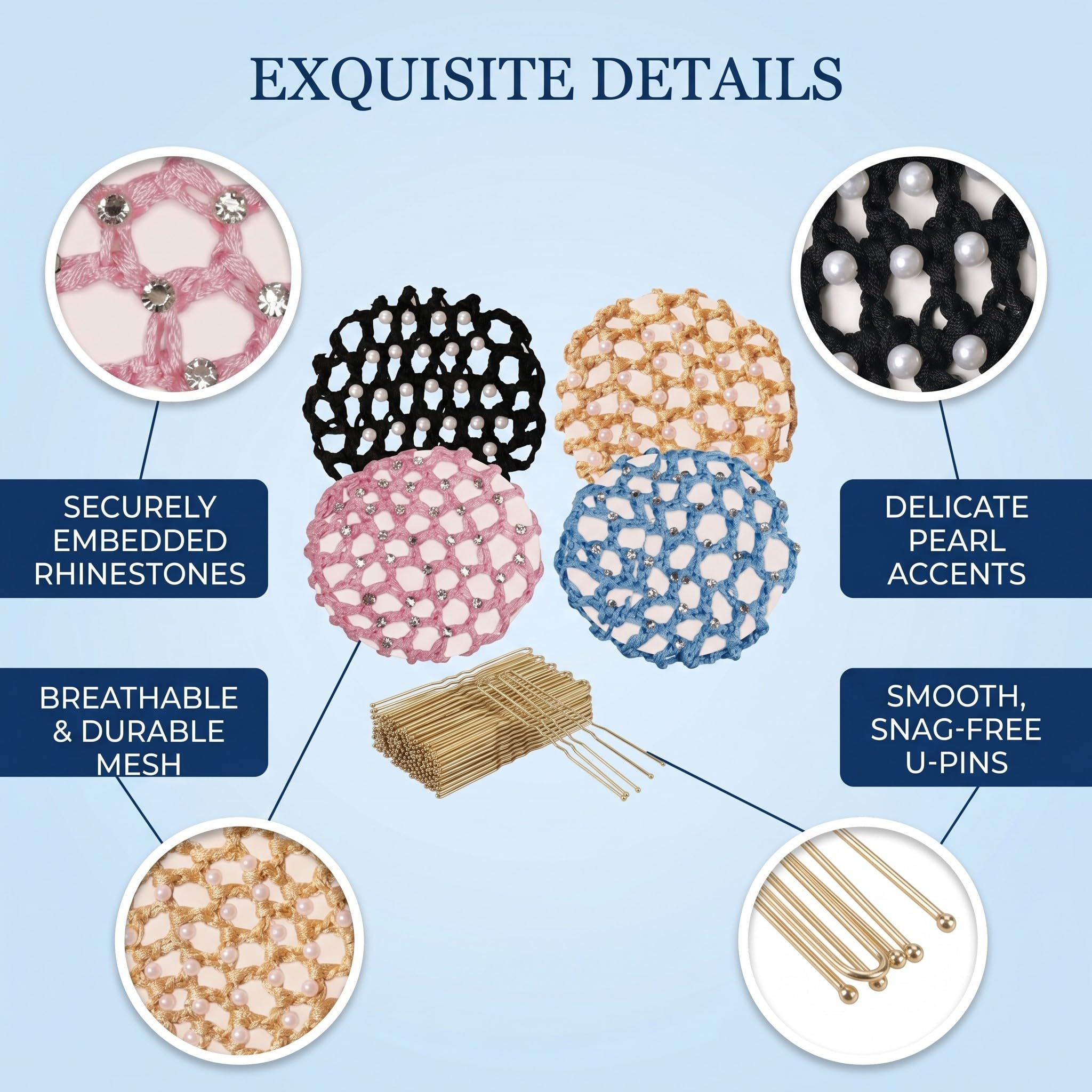 4 Pezzi Retine per Chignon Bambina e Donna con Perle e Brillantini, Include 50 Forcine a U Oro, Retina per Capelli Elastica per Danza Classica, Balletto, Pattinaggio e Equitazione (4 Colori)