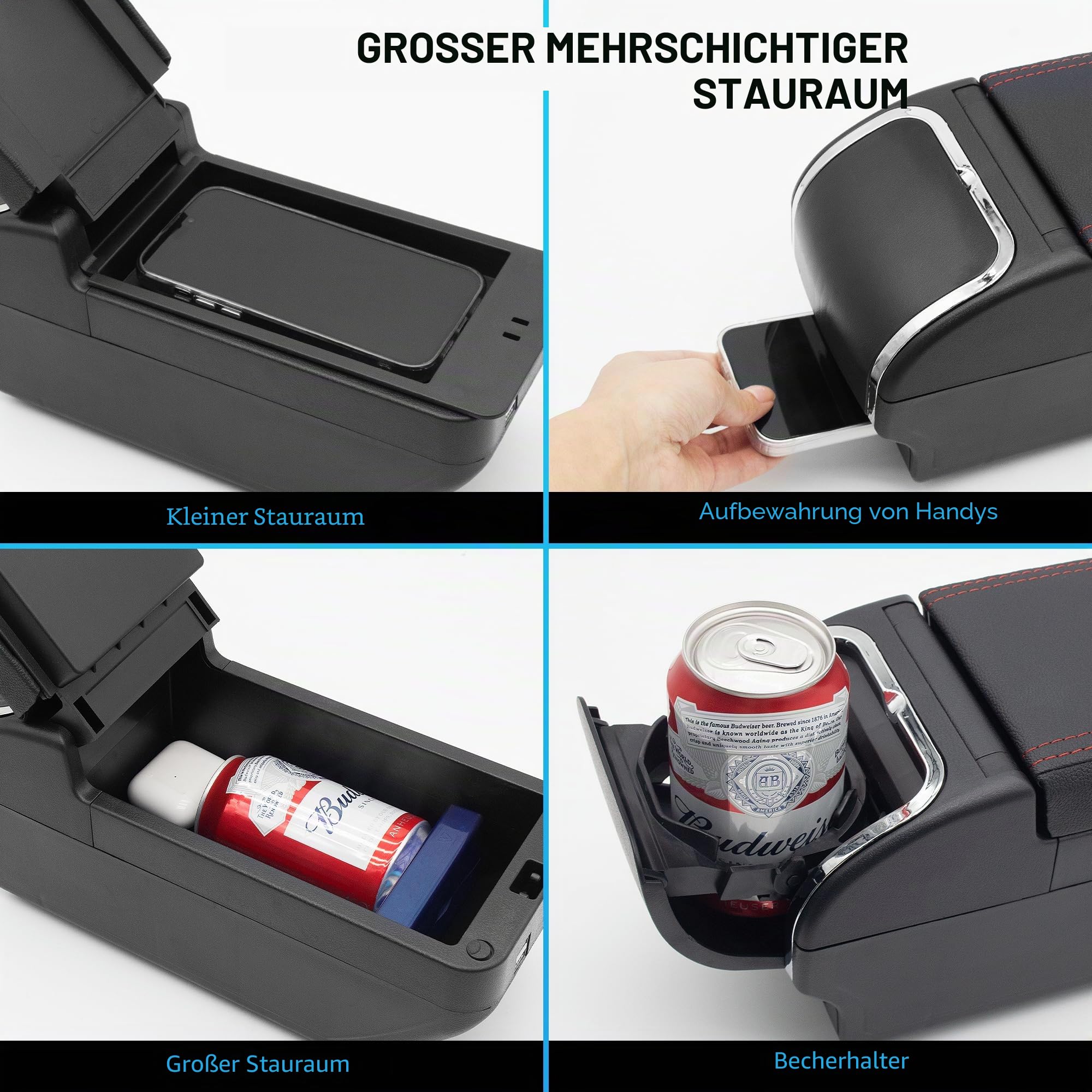 Auto Armlehne für Ford Fiesta 2009-2017 Doppelschicht Mittelkonsole Große Aufbewahrungsbox mit 4 USB-Ladeanschluss Becherhalter Zubehör Schwarz