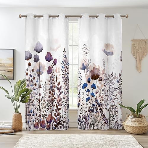 Renaiss Cortinas opacas de flores silvestres, estampado floral botánico pastel con aislamiento térmico, cortinas de ventana de plantas naturales
