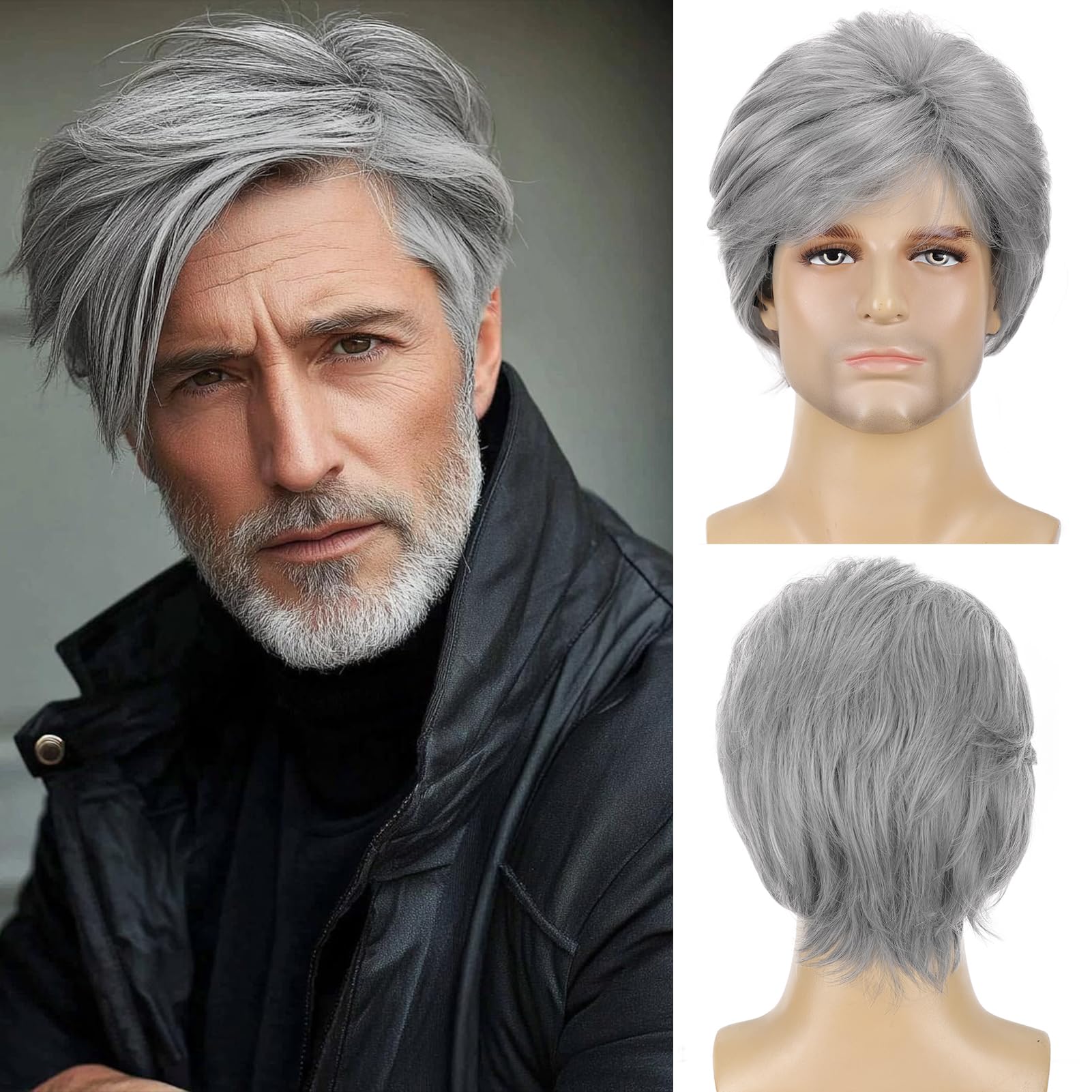 Peluca corta para hombre, color gris plateado, cabello sintético en capas naturales, resistente al calor, para hombre, hombre, hombre, diario, Halloween