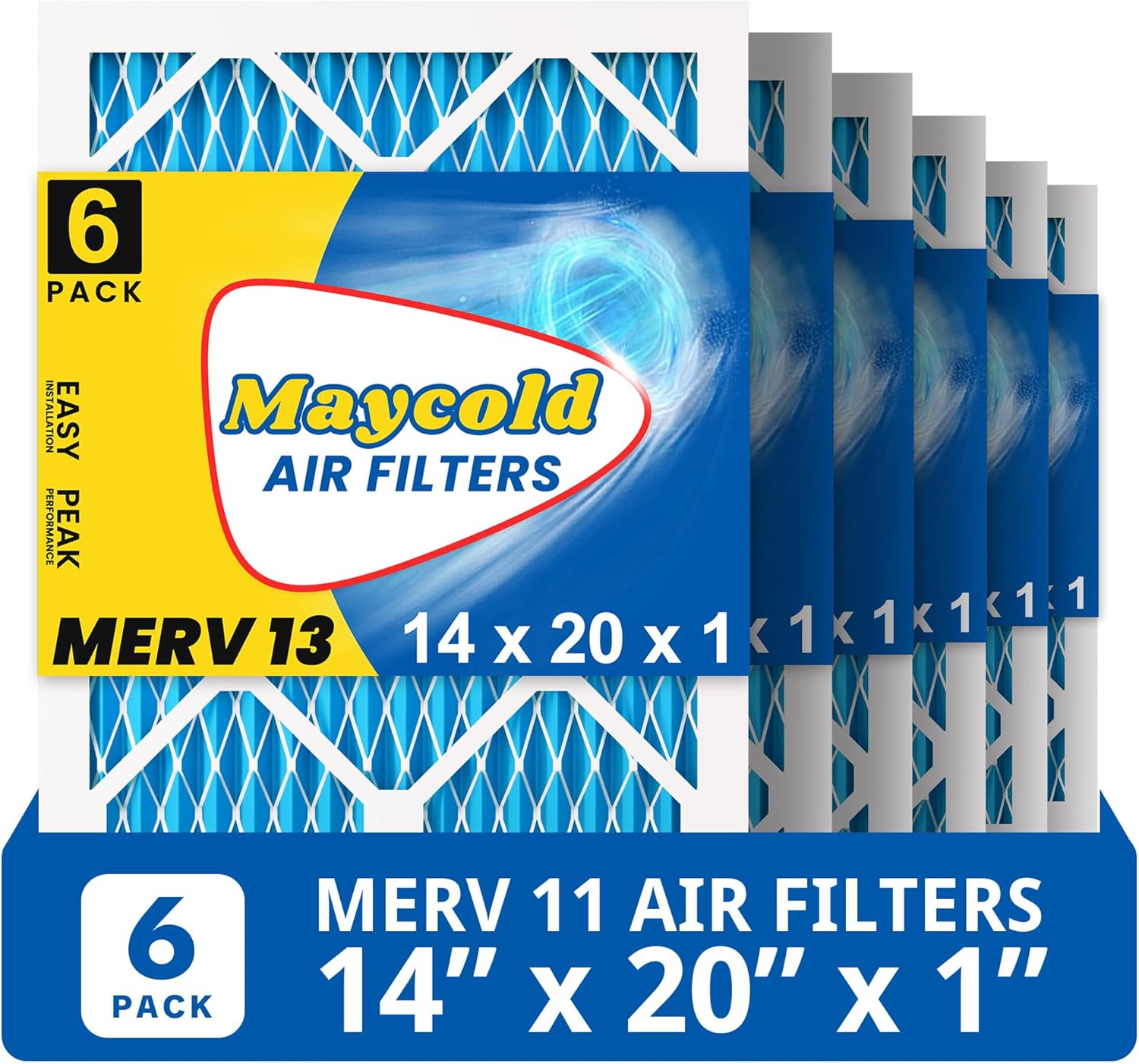 Maycold 14x20x1 MERV 11 Furnace Air Filter (6-Pack), High-Performance HVAC AC Filters for Home Use, Actual Size: 13.70” x 19.70” x 0.75”, Individually Wrapped in Plastic