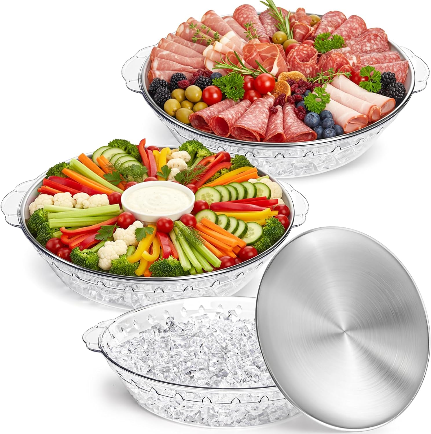 DEAYOU 3-Pack 11.8" Chilled Serving Trays with Ice Bowl - Stainless Steel Party Platters for Shrimp, Fruit, Veggies, Salads & Buffets