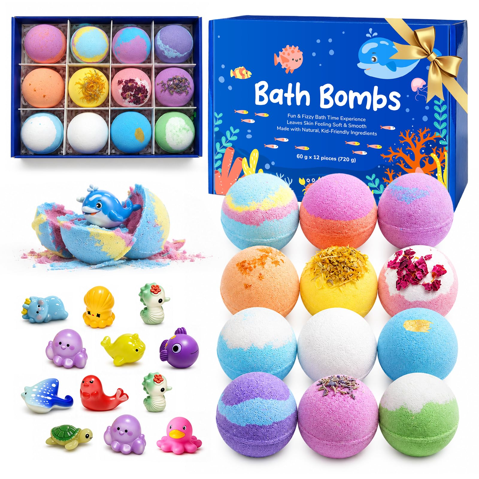 Bath Bombs with Toys Inside, 12-Piece Ocean-Themed Bath Salt Balls for Kids