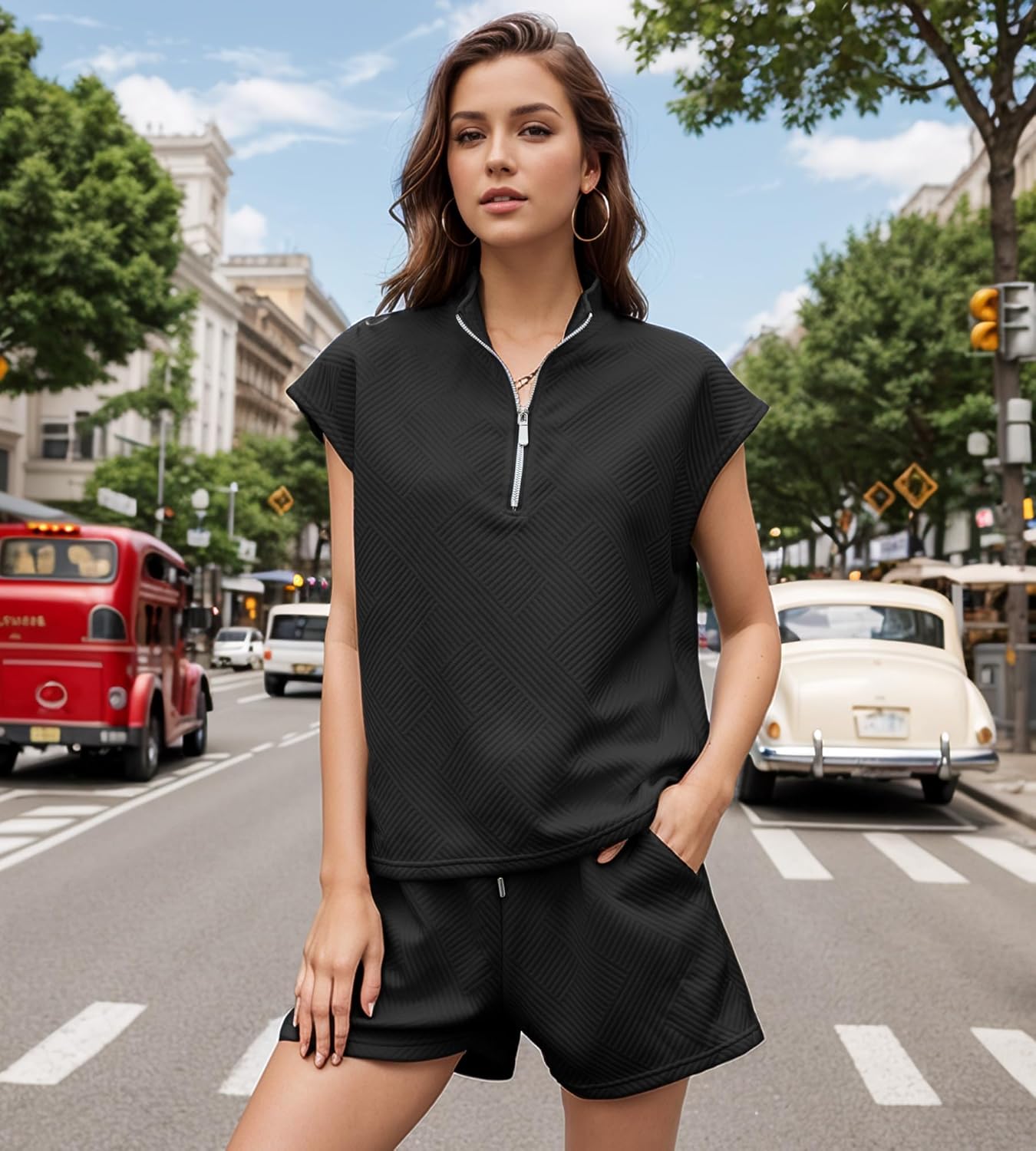 UOUA Women Two Piece Summer Outfits Casual Sleeveless Shirt & Shorts Set Workout Sweatsuit Lounge Track Suit - Image 5