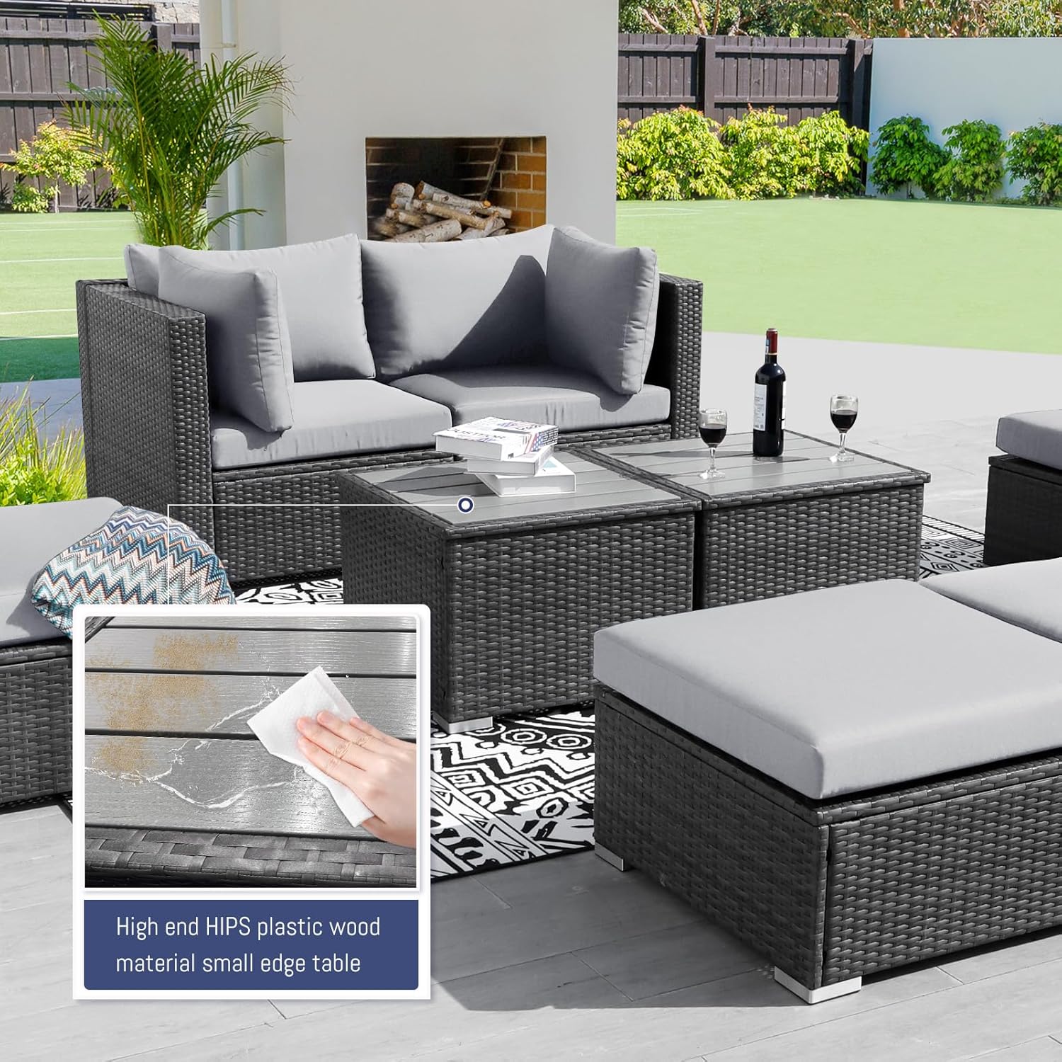 BULEXYARD 15 Pieces High Back Large Patio Sets with Fire Pit Table, Extra Large Deep Wide Seat Outdoor Sectional Sofa Couch Modular, Sturdy Backyard Sitting Furniture, Grey Wicker & Light Grey Cushion