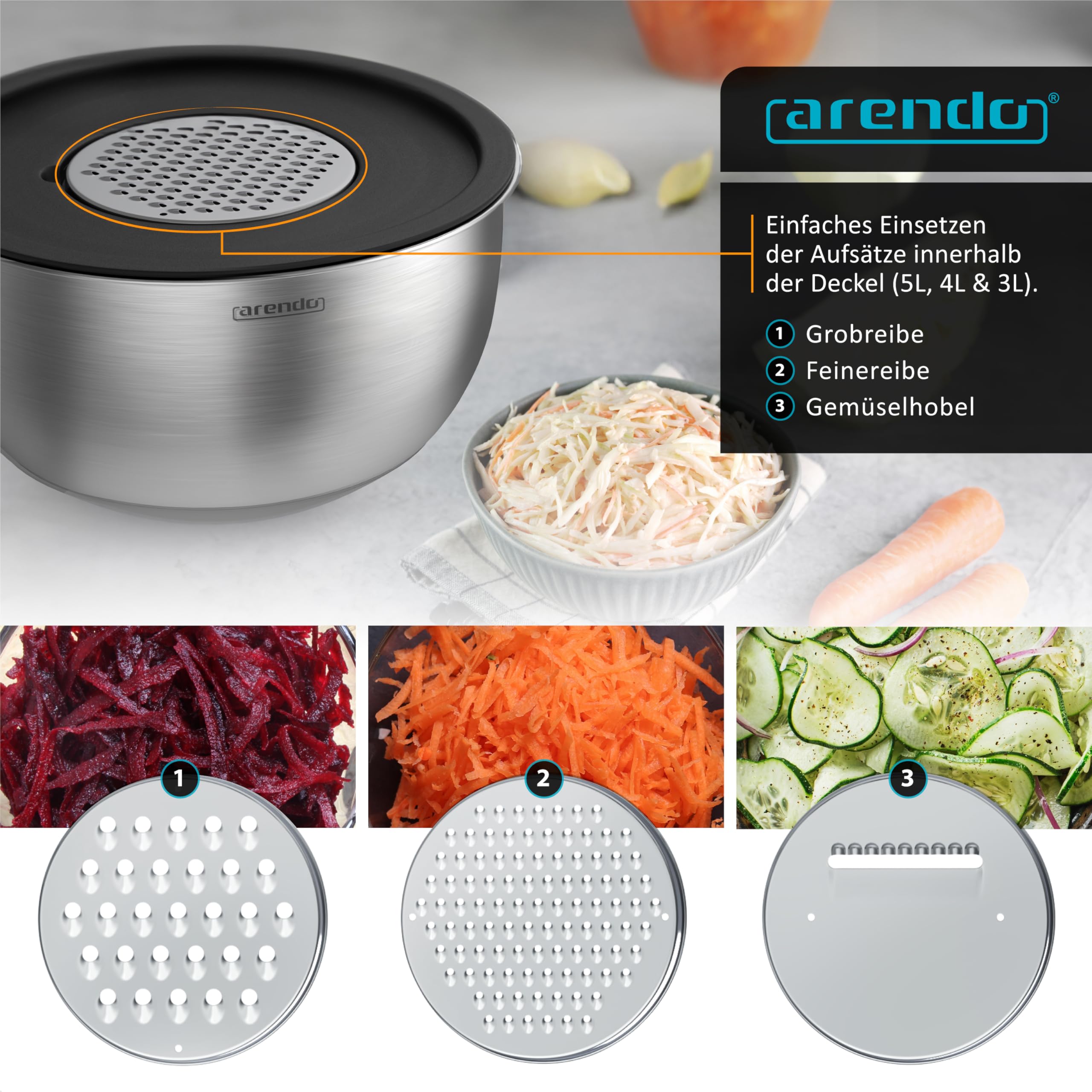Arendo - Juego de 5 cuencos para ensalada de acero inoxidable - con tapas de cierre seguro - 3 cabezales de fricción - Cuencos para mezclar en 1,6 a 5 litros - Base de silicona - Apto para