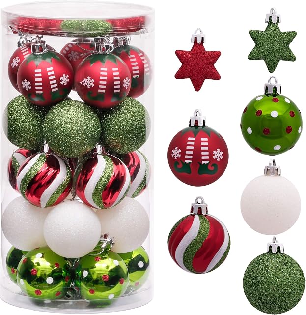 Victor's Workshop 35pcs 5cm Shatterproof Christmas Baubles, Delightful Elf Red White and Green Christmas Ball Ornaments for Christmas Tree Decorations
