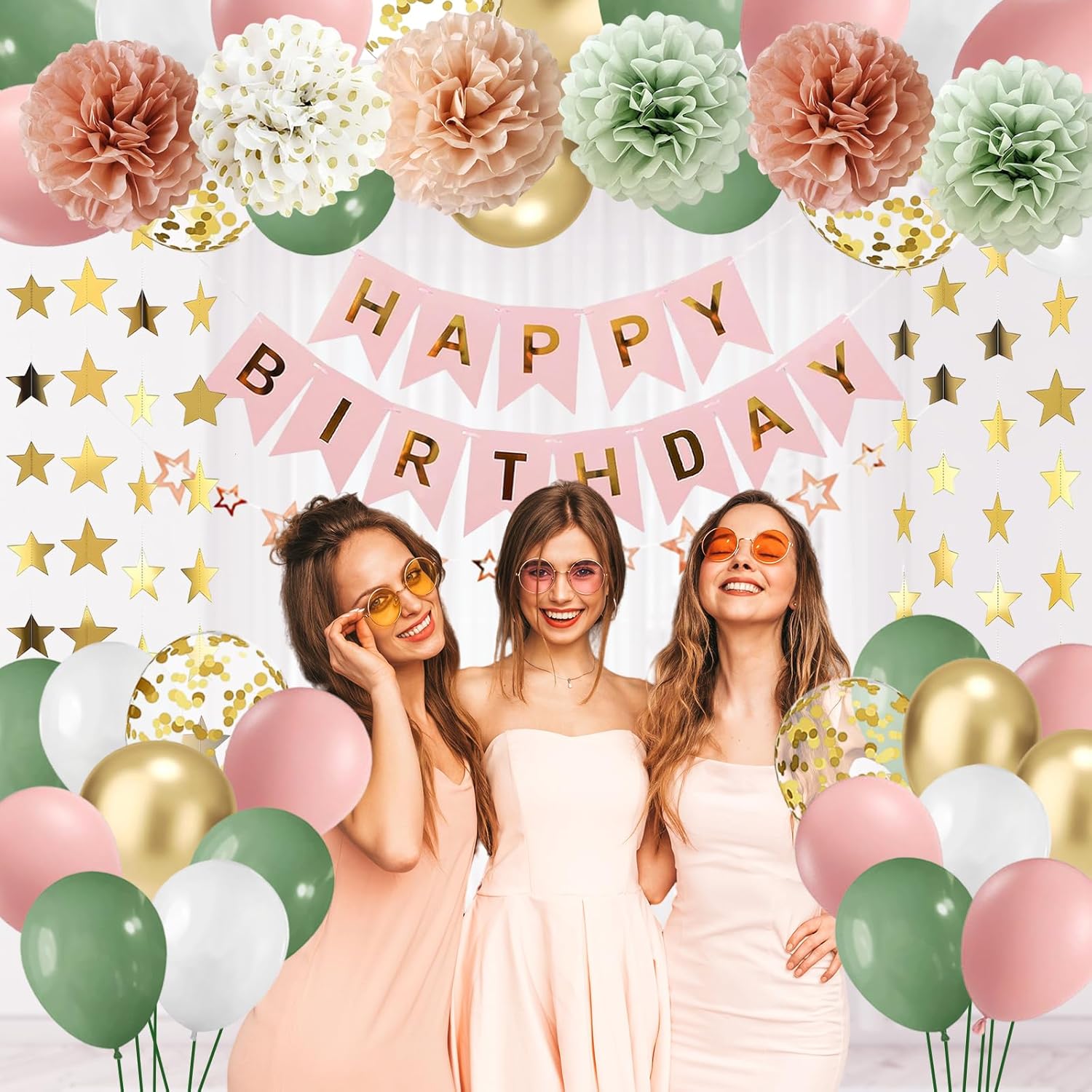 Dusty Pink and Sage Green Birthday Party Decorations for Women Girls with Sage Green Balloons Happy Birthday Banner Star Garland Paper Pompoms Star Dots Garland Crown Party Supplies - Image 7