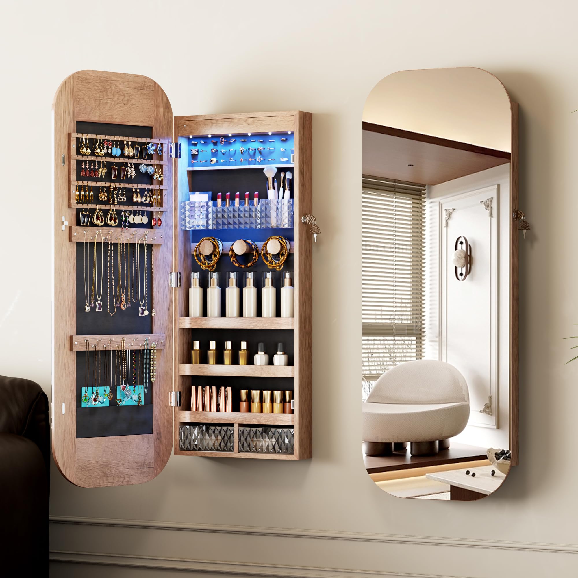 LVSOMT LVSOMT LED Oval Espejo Joyero de pie/pared, Madera Armario Joyero con Espejo, Espejo de pie Cuerpo entero joyero con Bloqueable, Espejo con almacenaje, Regalos para mujes, Dormitorio, Marrón