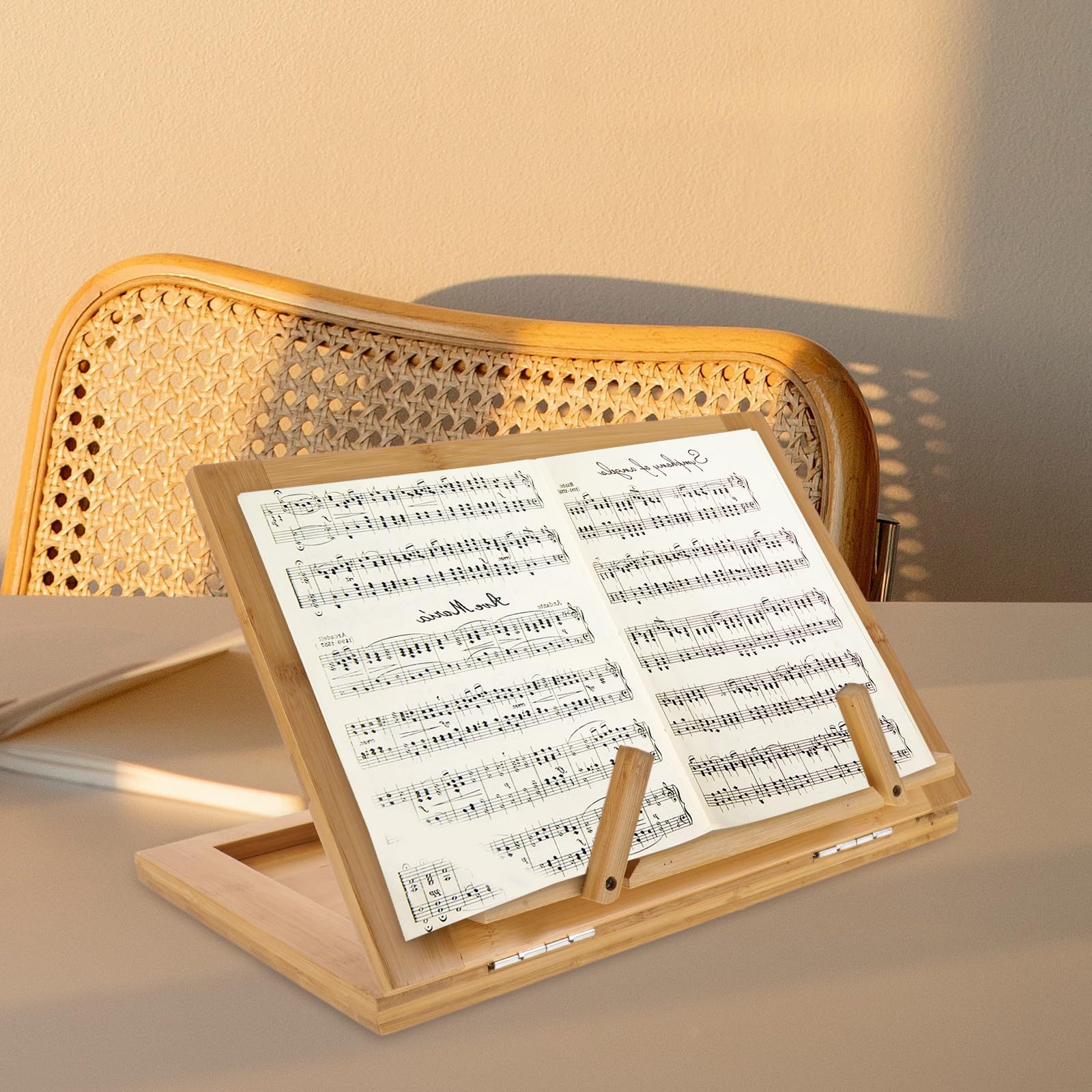 POPETPOP Pupitre Partition Portable en Bambou Beige pour Livres et Partitions, Support de Musique Compact Protection, pour Lecture et Installation Musicale