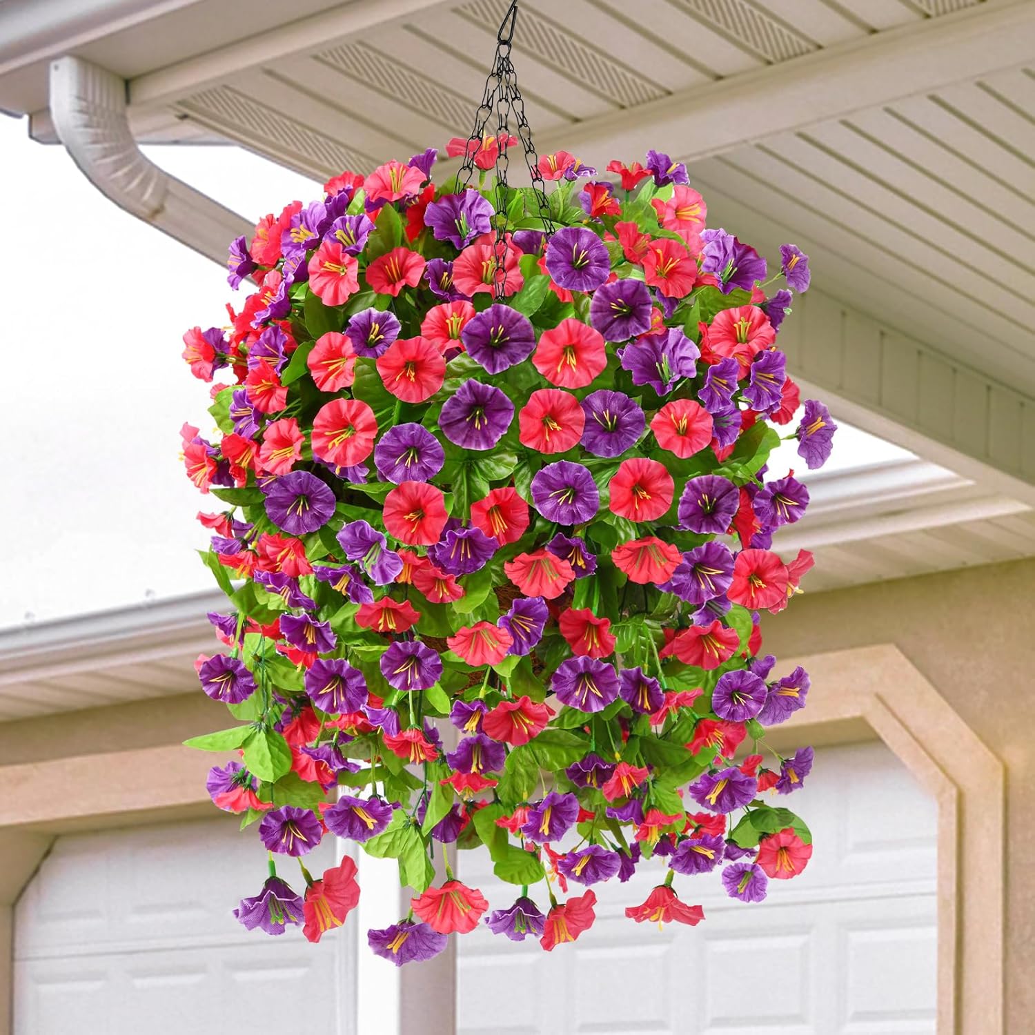Homsunny Artificial Faux Hanging Flowers Plants Baskets for Outdoor Spring Summer Decorations,Resistant Fake Morning Glory Silk Plants for Outside UV Resistant Patio Yard Home Porch Decor(Red Purple) - Image 7