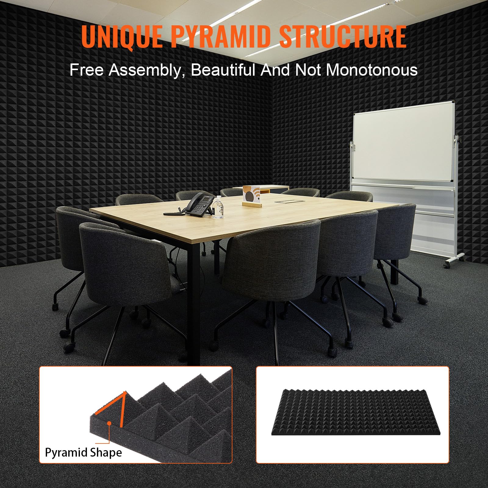 VEVOR Pannelli Acustici in Schiuma, Piramidali Adesivi per Pareti, Pannelli Fonoassorbenti Acustici, Pannelli Acustici per Pareti e Soffitti, 4 Pezzi, 1200 x 600 x 50 mm, Nero