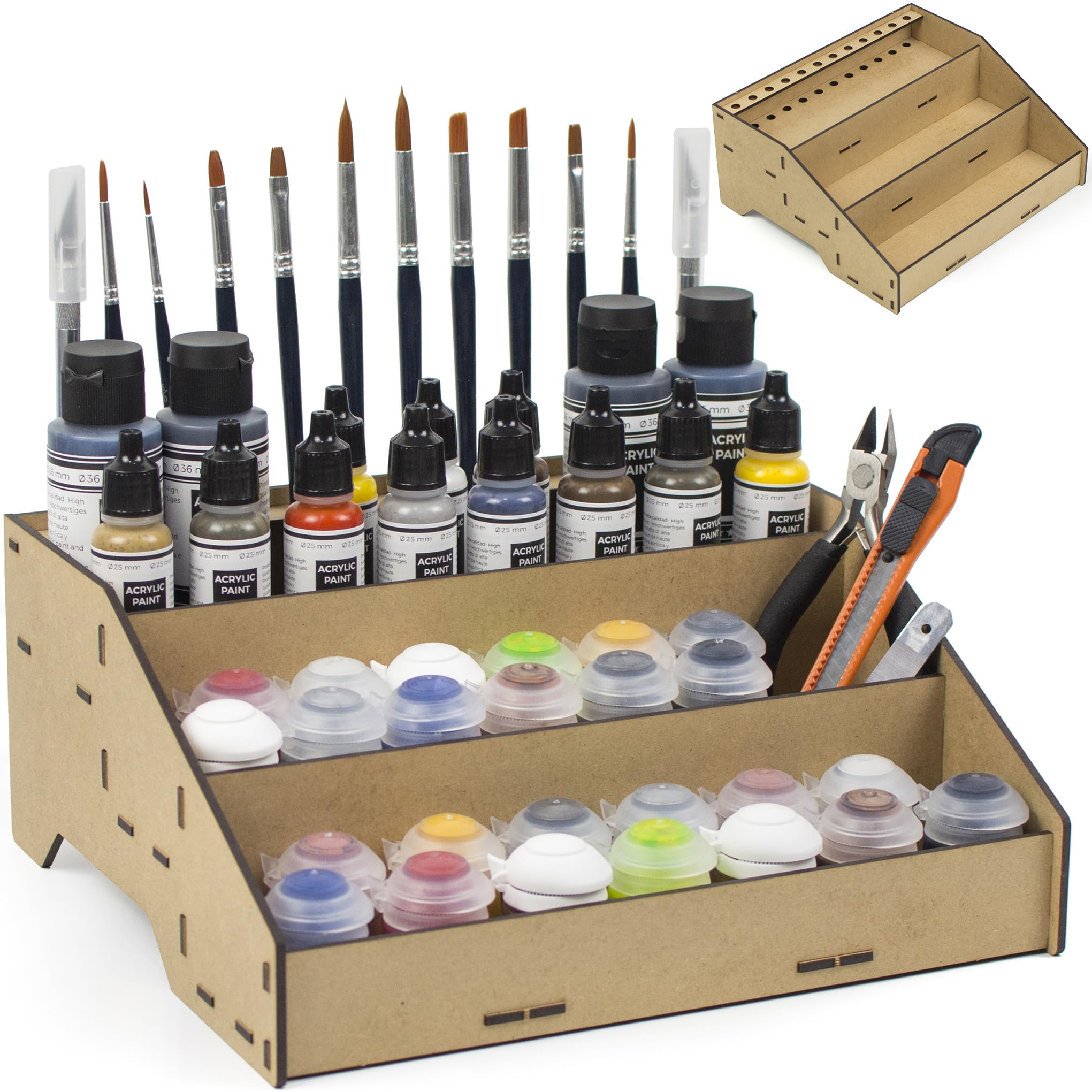 PROSCALE Universal Paint Organizer Rack for Miniatures Modeling Paint Holder for all kind of Bottles + Brush/Tool Slots Compatible with Citadel, Vallejo, Army Painter, Tamiya, others (Module B)
