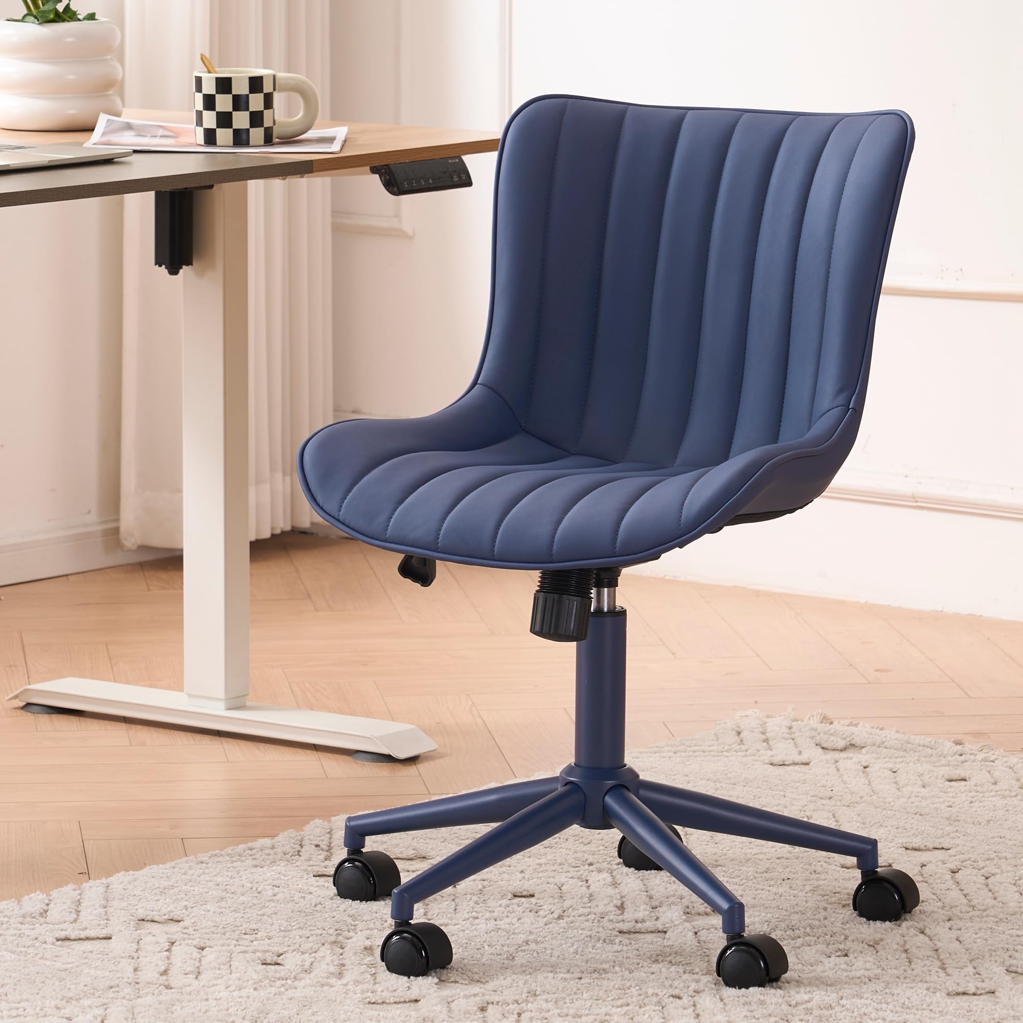 YOUNIKE Home Office Desk Chair with Wheels Armless Vanity Chair with Back Comfy Modern Leather Upholstered Rolling Task Chair Swivel Small Cute Sewing