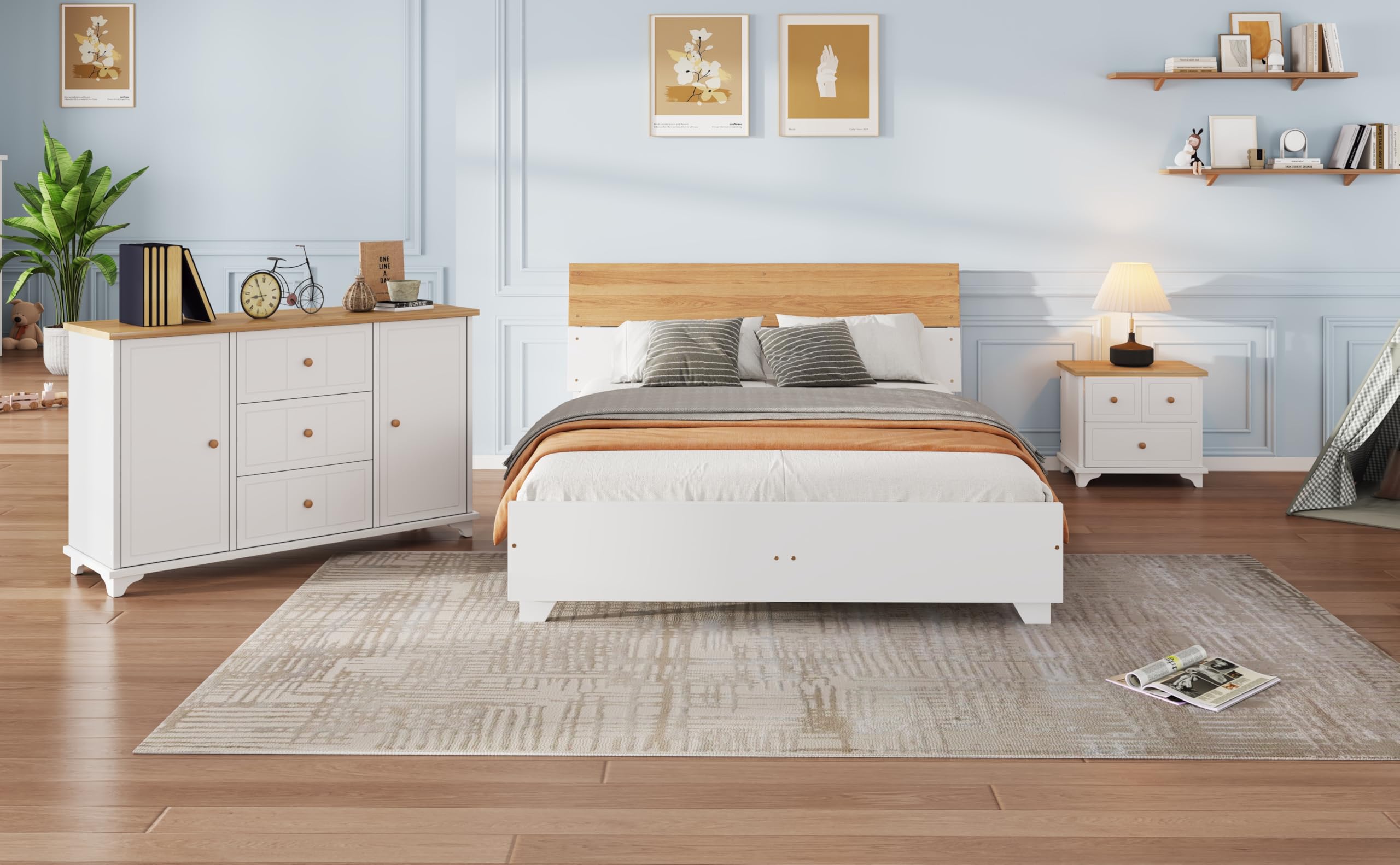 I0I&I0I Juego de dormitorio 3 piezas: cama doble 160 x 200 cm + mesita de noche con 2 cajones + cómoda con 3 cajones y puertas (blanco y natural)