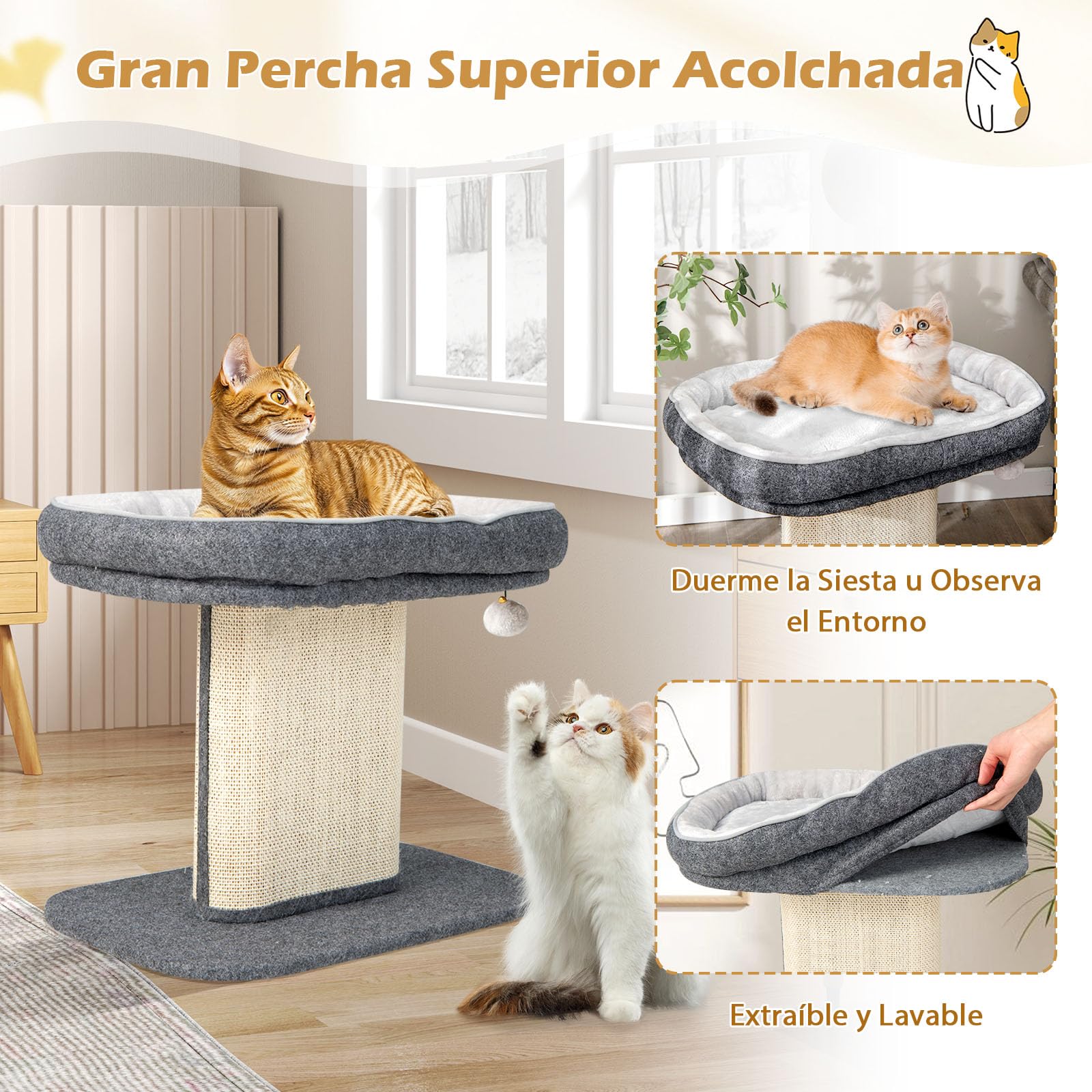GYMAX Árbol Rascador de 50 cm de Alto para Gatos, Árbol de Escalada con Asiento de Felpa Suave, con Columna de Sisal y Pelota, Árbol de Actividad y Árbol de Juegos, para Pequeño Gato, Gris