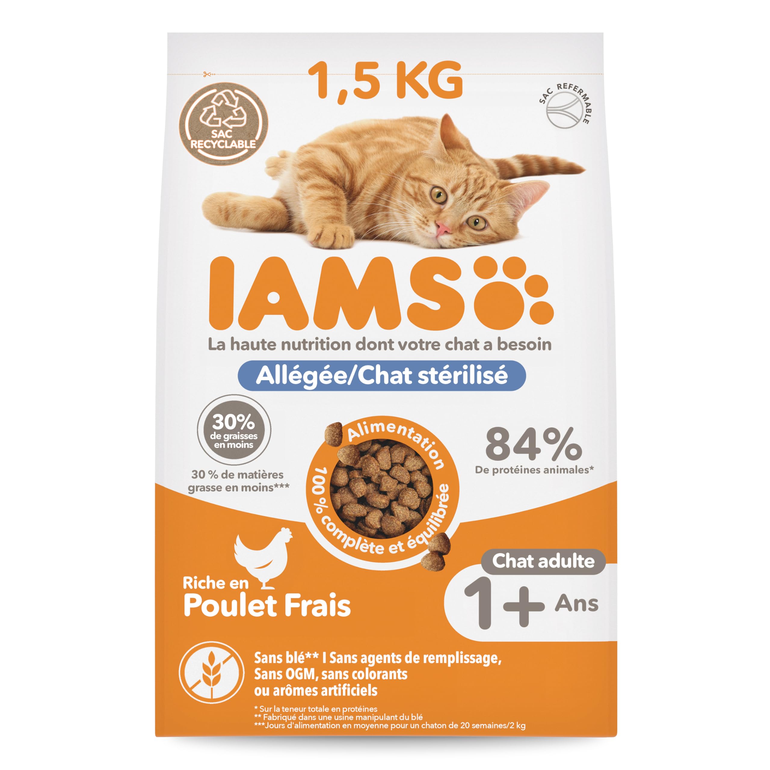 IAMS Advanced Nutrition - Lightweight Dry Food - Suitable for Sterilized Cats - Complete Balanced - Promotes Weight Control - Fresh Chicken - Non-GMO Artificial Flavour Colours - 1.5 kg